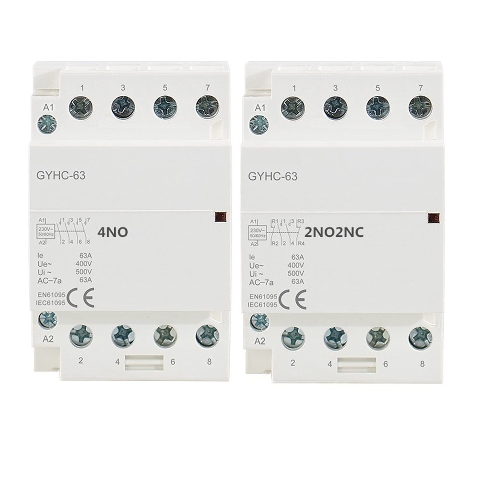 HUUOQIWY 4P 63A 4NO or 2NC2NO 220V/230V 50/60HZ Rail Household AC Modular Contactor 1Pcs(4P 63A 2NO2NC 220V)