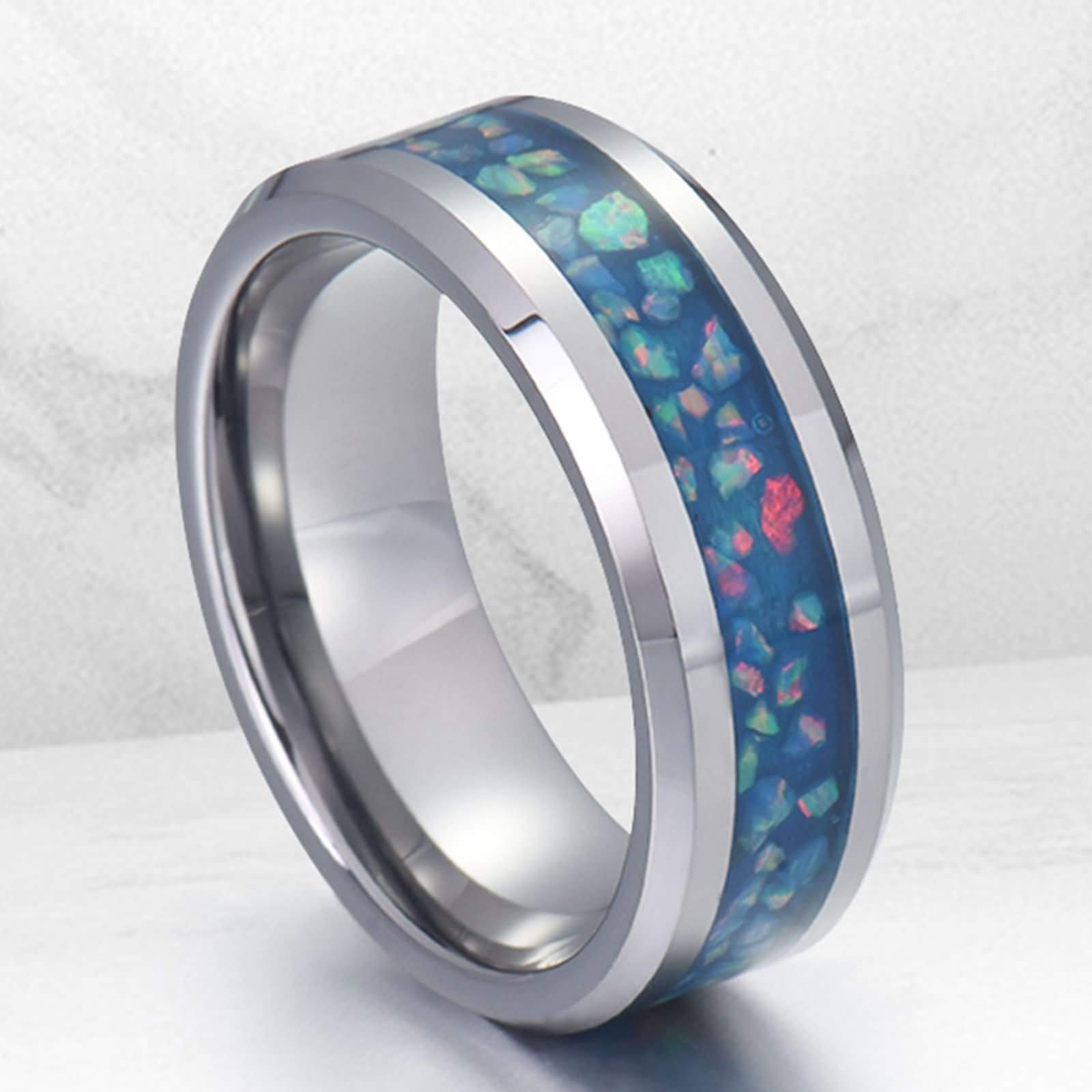 Anelli Uomo Tungsten Sintetico Blu Opale Anello Anello Uomo Incisione Personalizzata 8MM Anello Nuziale Argento Blu Misura 12-31
