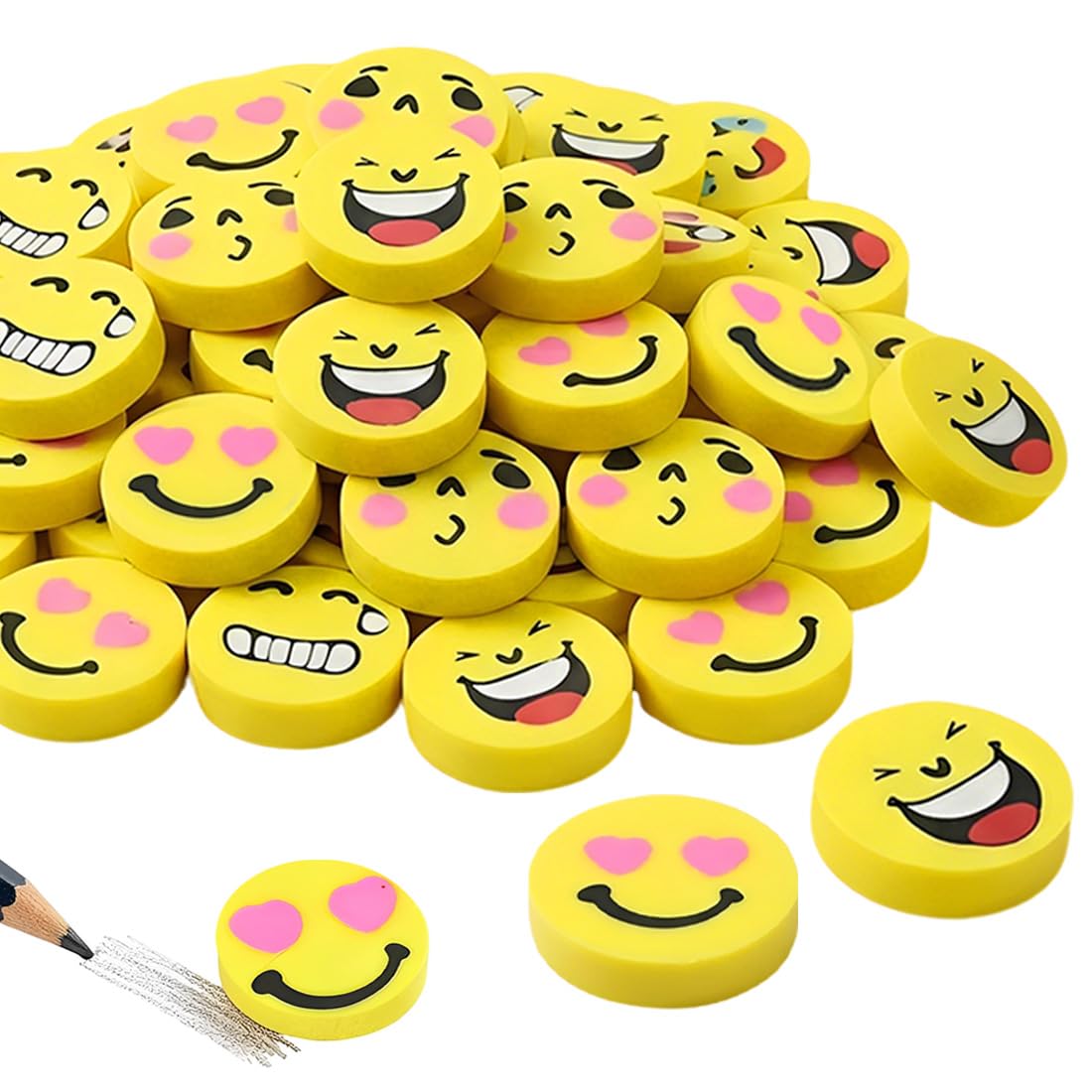 Borrador De Cara De Risa, 20 Unidades, Emoji, Amarillo, Tamaño 2,5 Cm, Para Niños, Estudiantes, Regalos De Cumpleaños