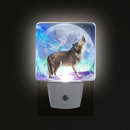 ALAZA Lindo lobo luna enchufable luz nocturna LED paquete de 2 sensores automáticos del atardecer al amanecer decorativo noche de pared para