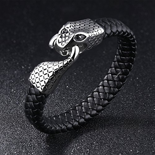 Image of Young & Forever Men's Genuine Braided Leather and Titanium Steel Bracelet | Bold Punk Tiger Eye Bead & Multi-Strand Wrist Bands | Vintage Nautical Clasp & Animal Head Hook Hook Kada Style Options