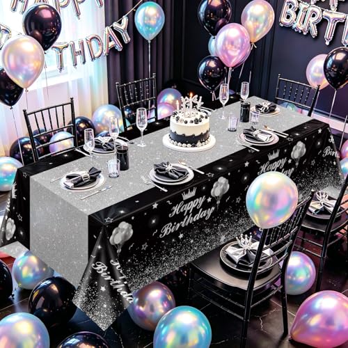 Image of 4 Pcs Happy Birthday Black and Silver Party Tablecloths - Silver Black Party Decorations Plastic Tablecloth Rectangular Table Covers for Boy Girl Baby Shower Birthday Table Supplies, 51 x 86.6 Inch