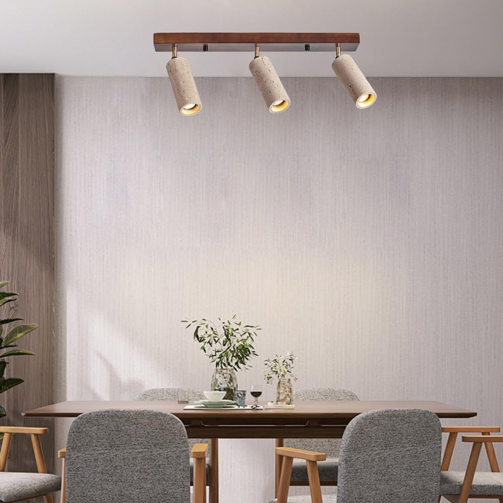 Foco de techo de 3 luces ajustable en piedra Wabi Sabi - Lámpara empotrada de travertino amarillo for cocina, dormitorio, oficina y pasillo(Walnut Color)