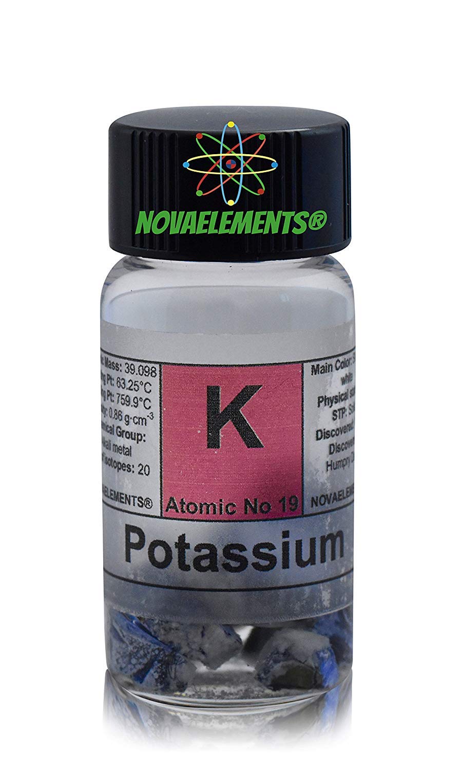 Potassio elemento 19 K, 1 grammo 99,8% in olio minerale in fiala di vetro con etichetta