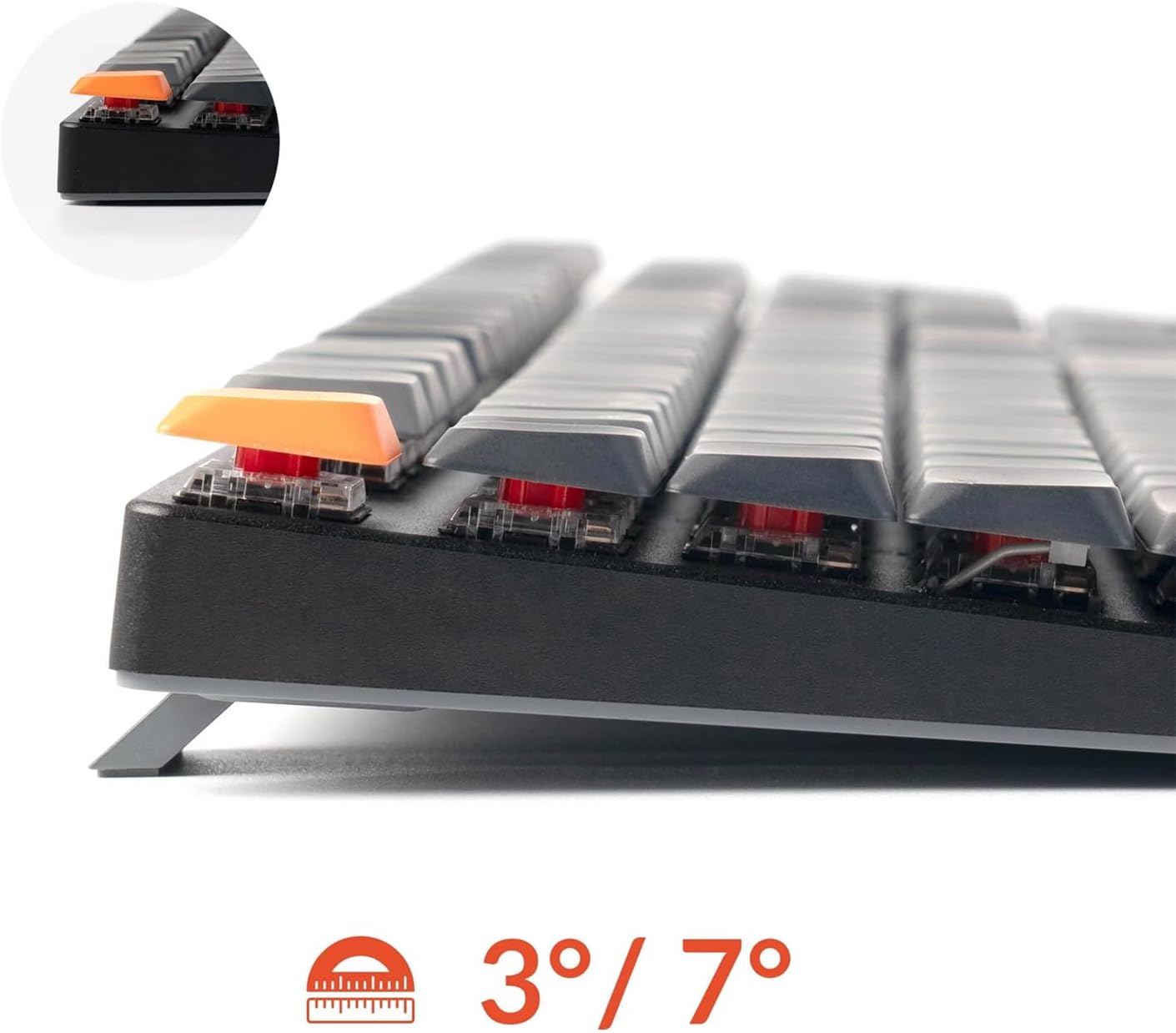 Keychron K5 QMK keyboard showing adjustable feet for 3 and 7 degree angles