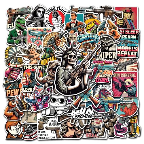 WESILY Pack 50 PCS Funny Gun Stickers Firearm Tactical Military Army Waterproof Vinyl Decals Small Bulk Set Guns and Ammo Sticker for Laptop Scrapbooks Bike Helmet