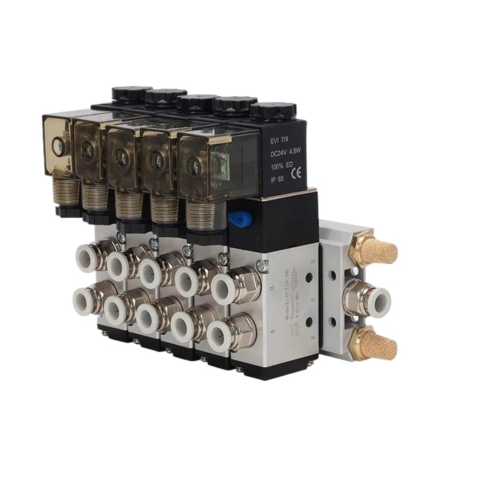 Bloque de electroválvula neumática 4V210-08, multiopción, CA 110 V/220 V, con silenciador y colector de base de 2, 3, 4 y 6 vías(1 ROW,AC220V w 6mm)