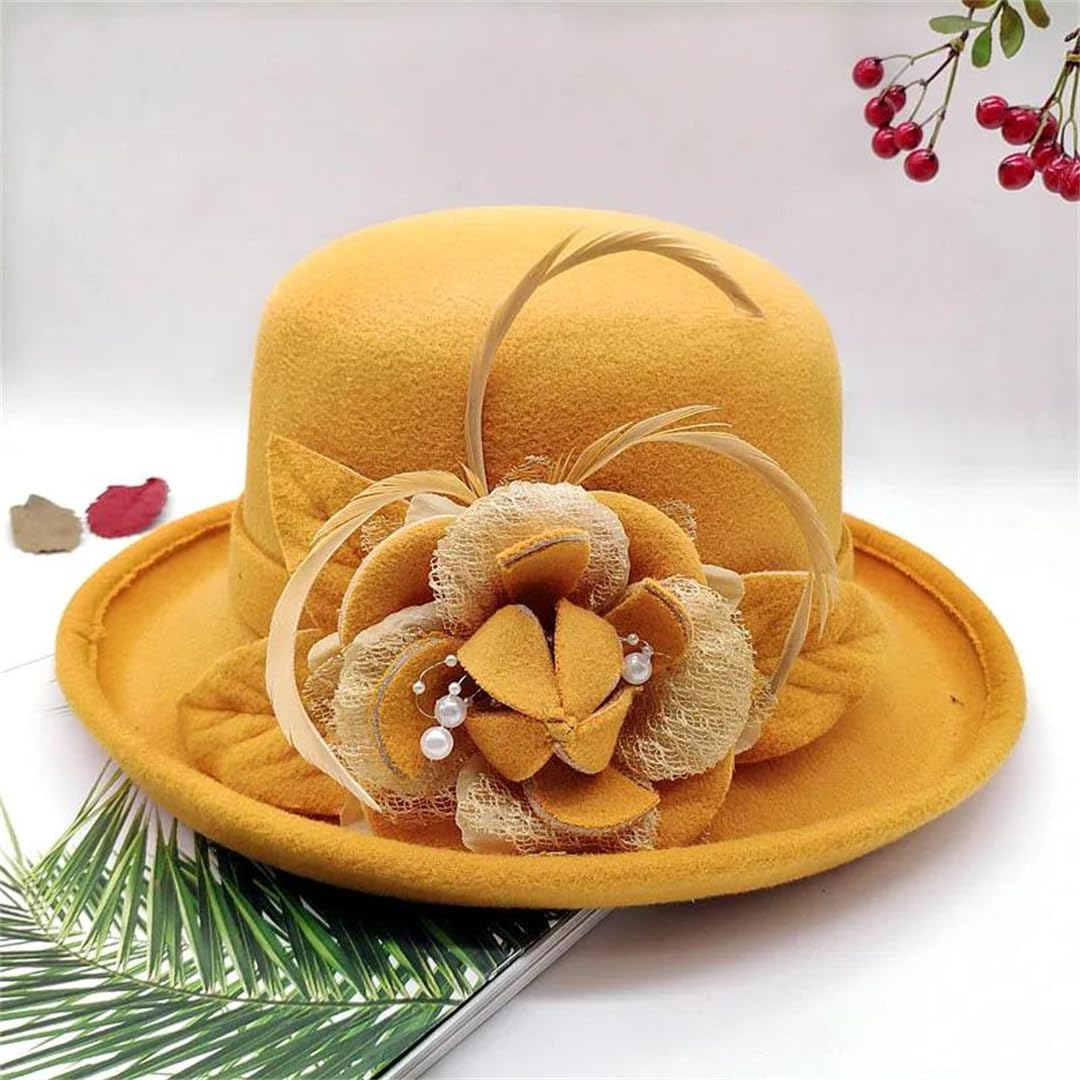 Yeuyyben Donne Floreale Cappello di Lana Primavera Inverno Cappelli Fedoras Elegante Bucket Cappelli Caldi Femminile Bombetta