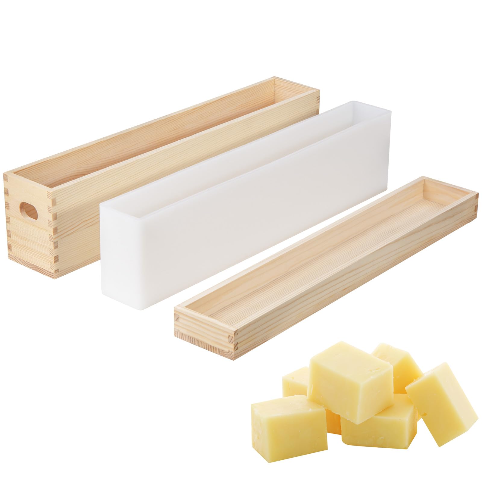 Moules à savon en silicone avec caisse en bois et couvercle, moules à savon rectangulaires pour la fabrication de savon (2,2 l, longs et étroits)