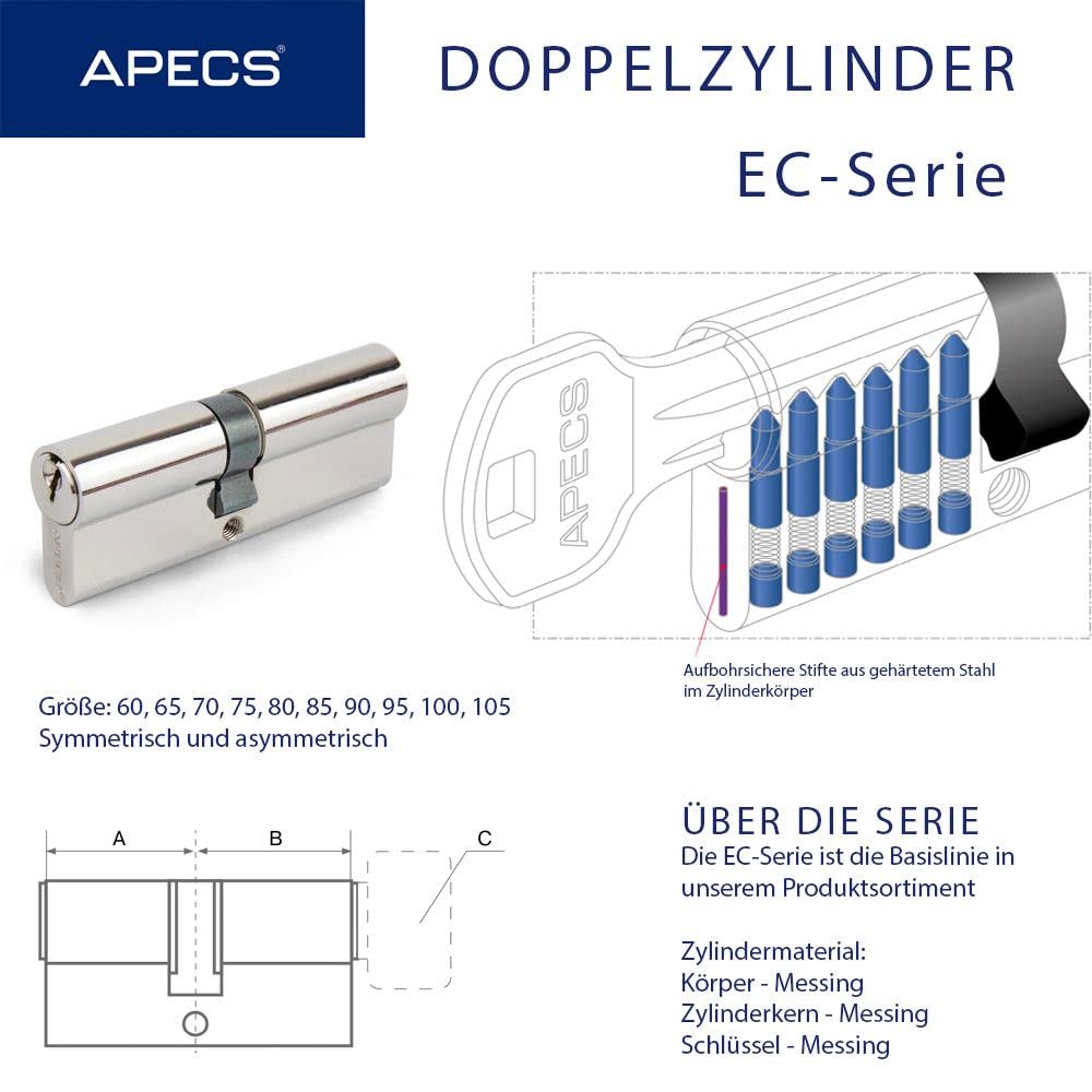 APECS Zylinderschloss Profilzylinder 30/80 mm für Türschloss Haustür mit 3 Schlüsseln Modell EC-110(30/80) in Silber