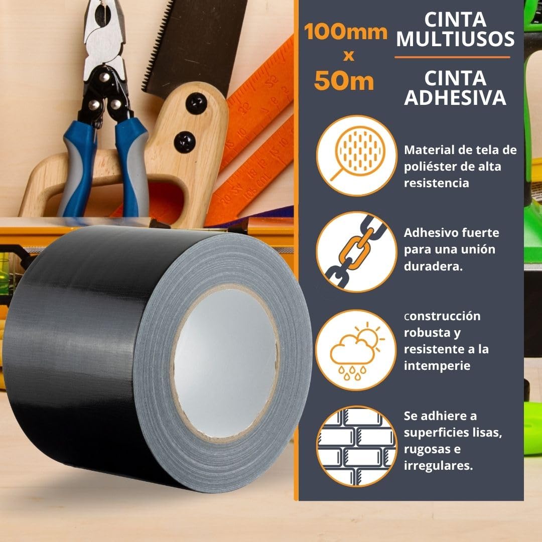 Gocableties - Cinta americana negra de 100 mm x 50 m - Cinta de tela resistente, ancha, adhesiva e impermeable - Para reparar, fijar, agrupar, reforzar y sellar - 1 rollo
