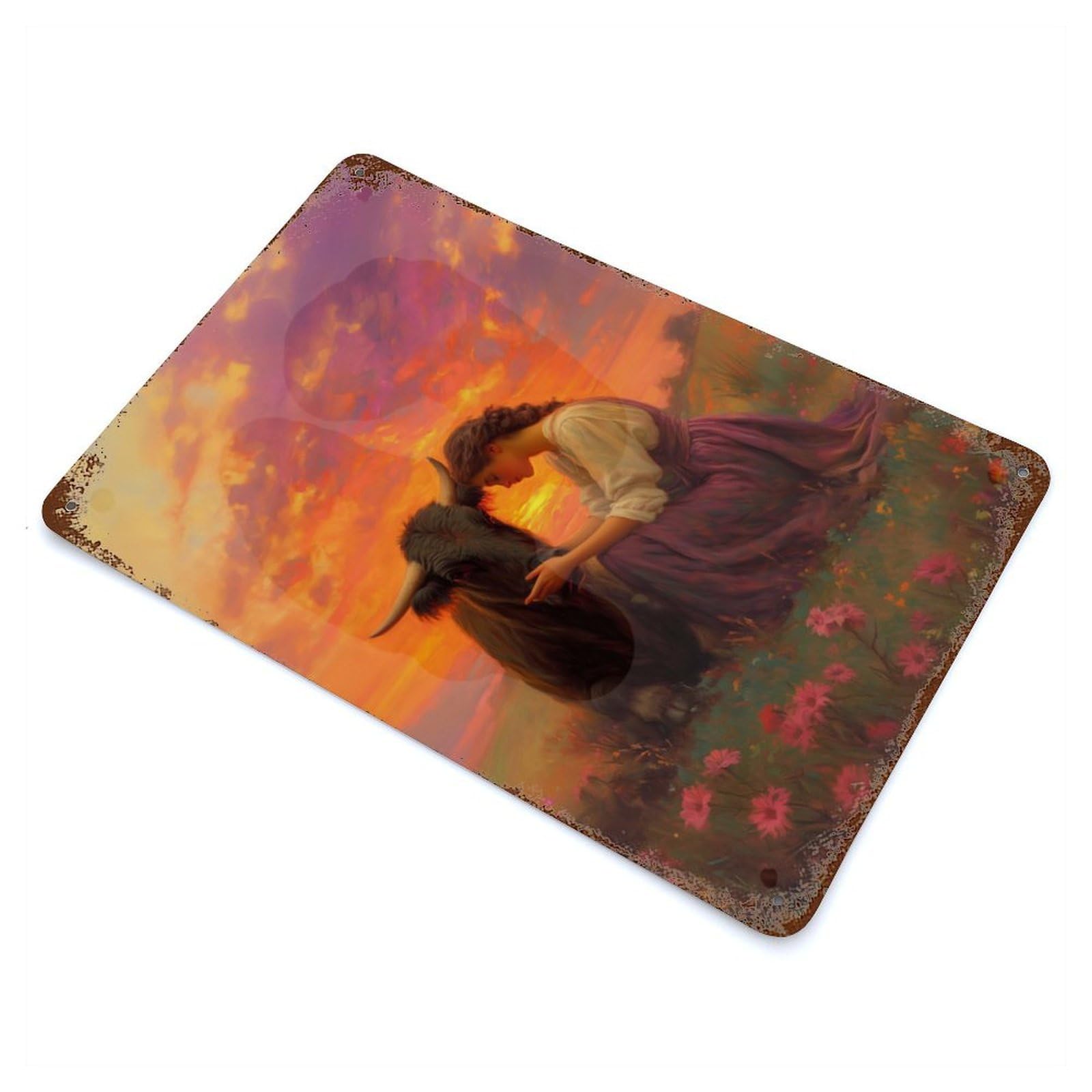Woman And Bull at Sunset Rustic Tin Plaque 11.8"x7.9", Ideal for Shed, Workshop And Garage Wall Decor