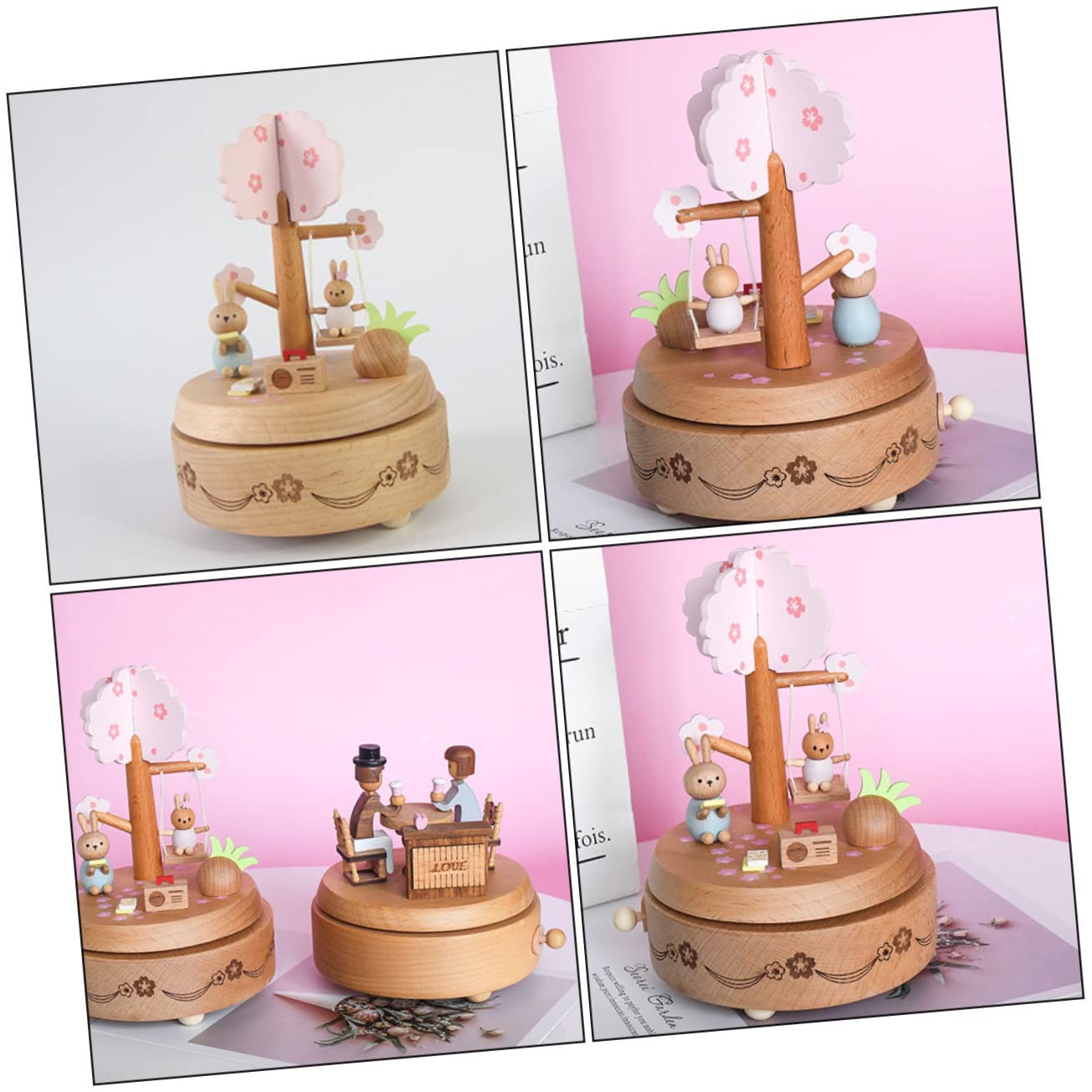 ULTECHNOVO Boîte à Musique Lapin pour Pâques Décoration Intérieure Bois Cadeau Musical avec Motif Imprimé