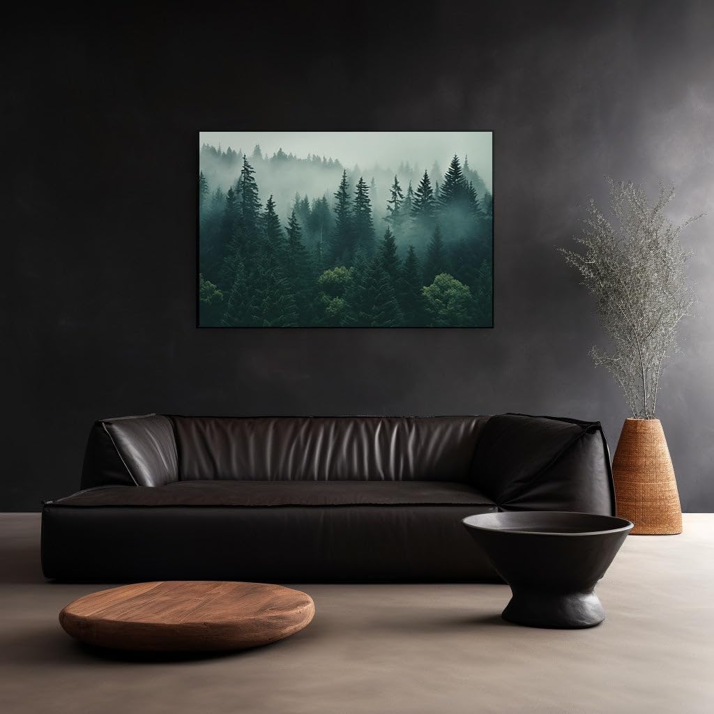 Canvas for Living room. Mystic Veil: Unveiling the Enigmatic Depths of a Fog-Enshrouded Forest, 27 x 18 inch Canvas Wall Art - Contemporary Masterpieces - Modern Home Decor
