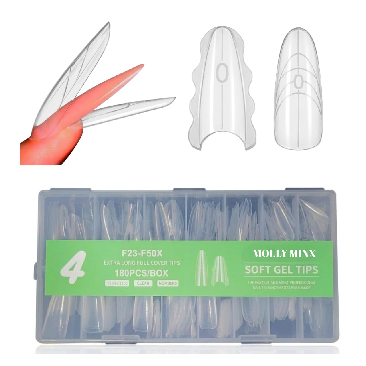 Molly Minx 180pcs Sandwich Nail Dual Forms | Soft Gel Nail Tips Clear Full Cover Nail Extensions Kit, Long Square Fake Nails for Poly Gel, Acrylic & Press On Nails | 15 Sizes /12pcs Dual Form for Nail Art (04-F23-F50X)-picture-52