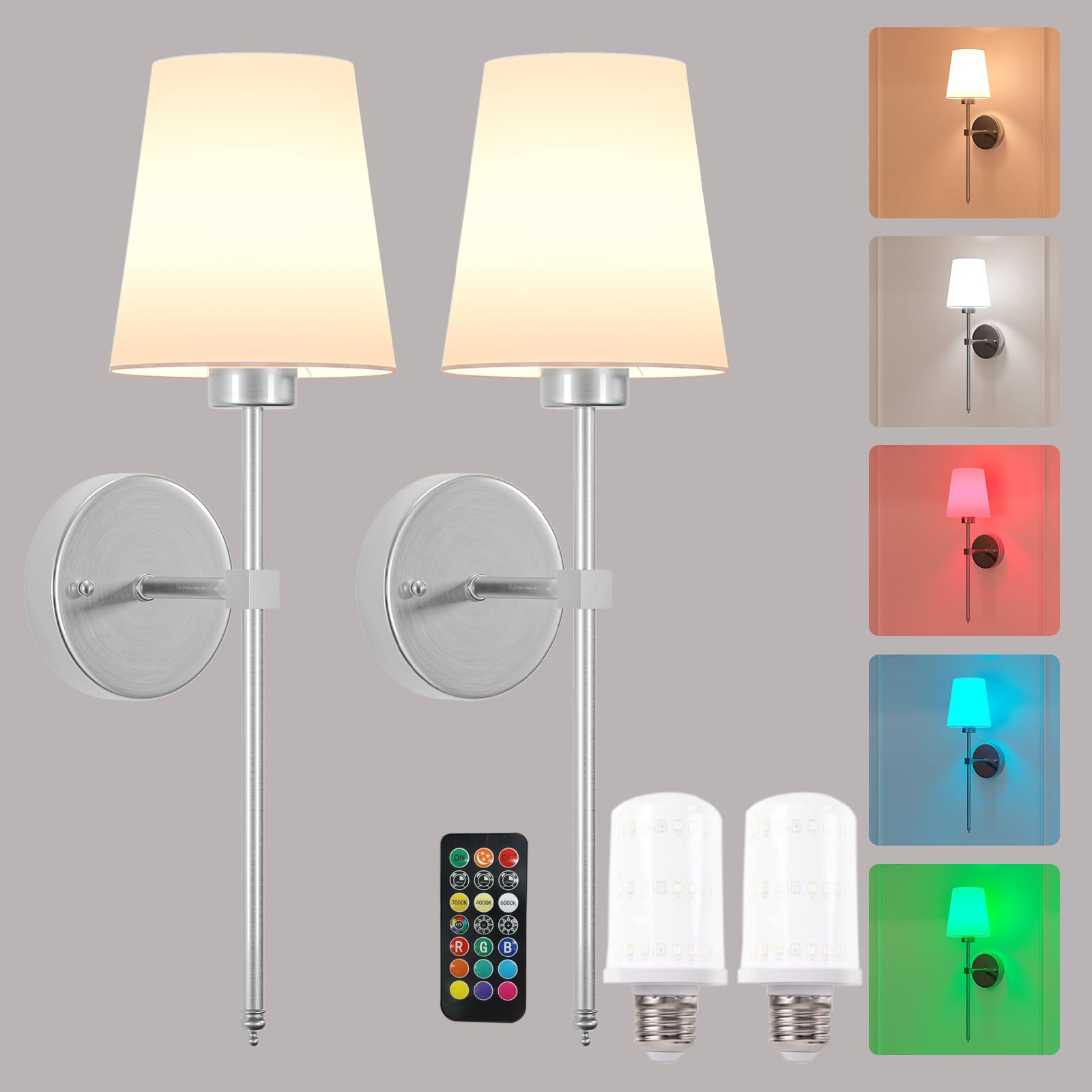 Battery Operated Wall Sconces, White Fabric Lampshade, 3 Temperatures & 12 RGB, Cordless Bedside Lamp with Remote Control and Detachable Charging Bulbs, Dimmable, Ideal Bedroom, Living Room