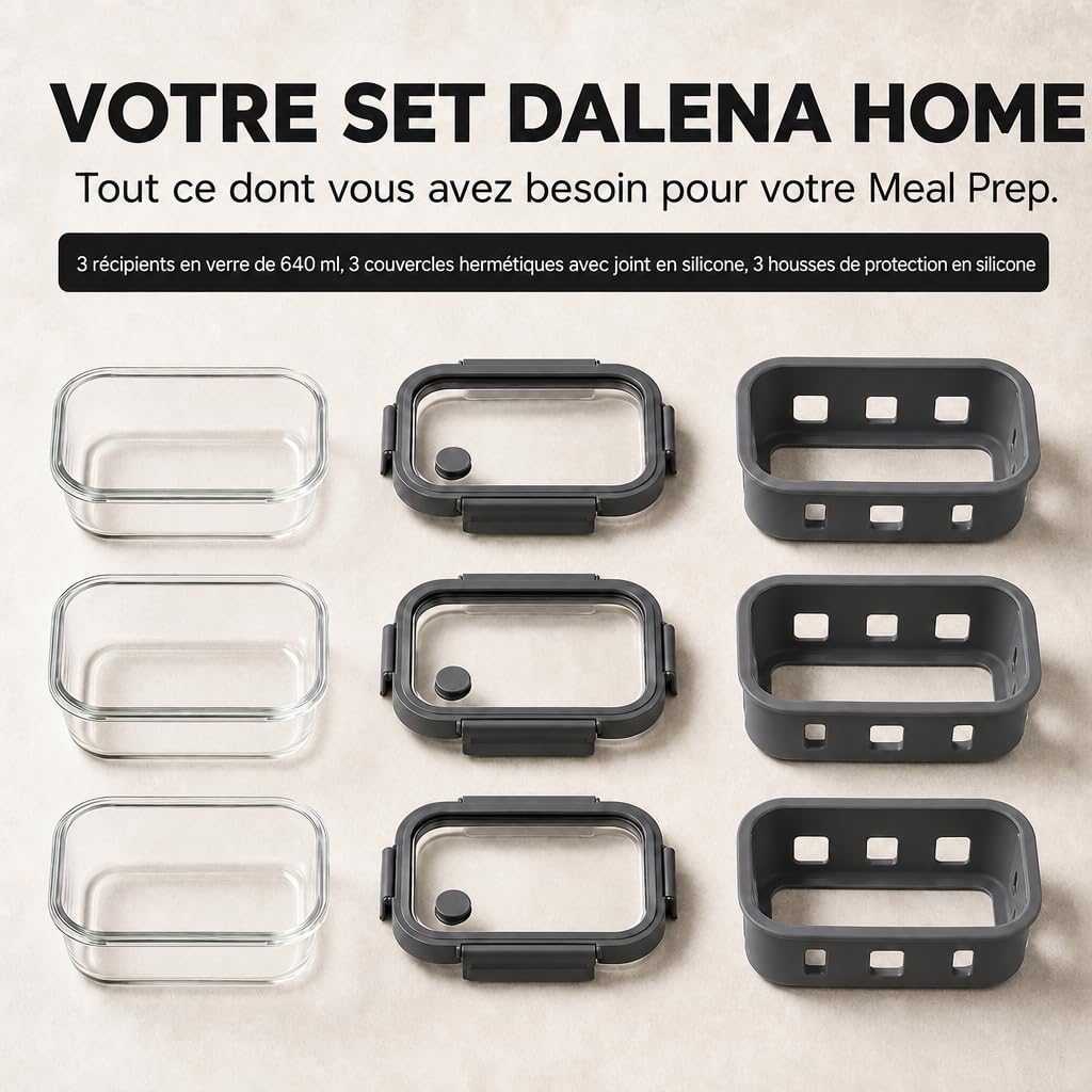 Meal Prep Boîtes Set 3x640ml – Verre borosilicate, hermétique, empilable, micro-ondes avec valve vapeur, coque silicone anti-choc