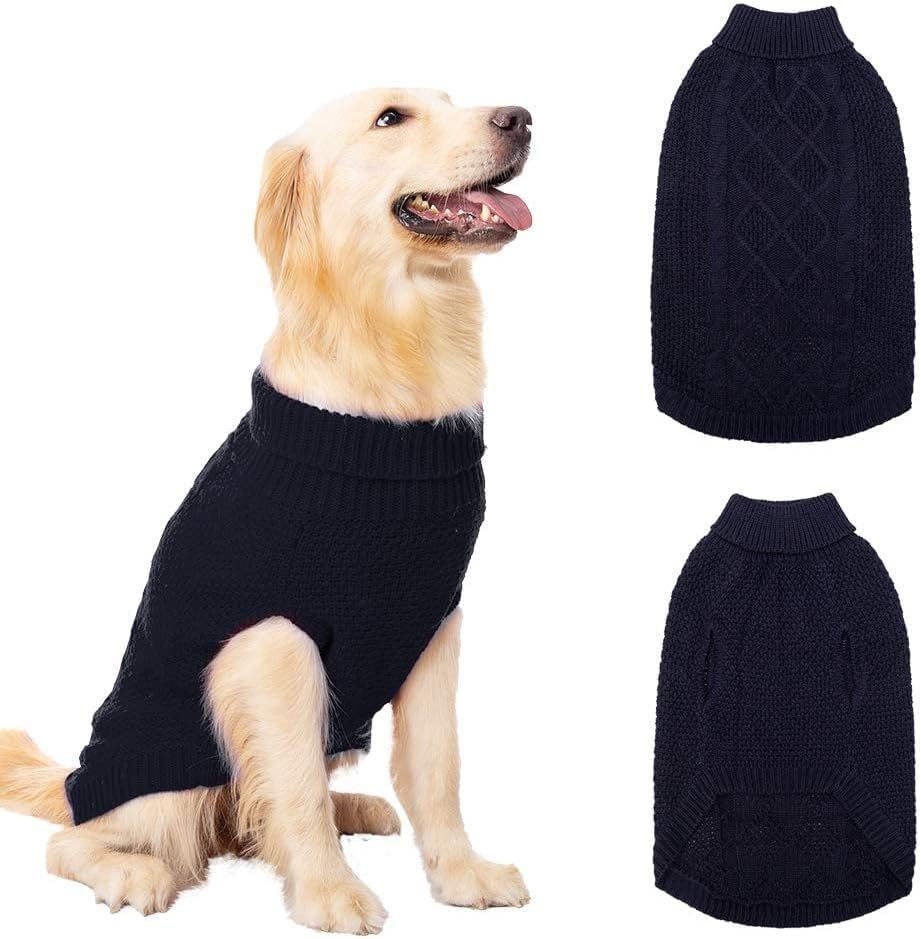 Mihachi Turtleneck Dog Sweater - Winter Coat Apparel Classic Cable Knit Clothes with Leash Hole for Cold Weather, Ideal Gift for Pet in New Year Navy Blue ML