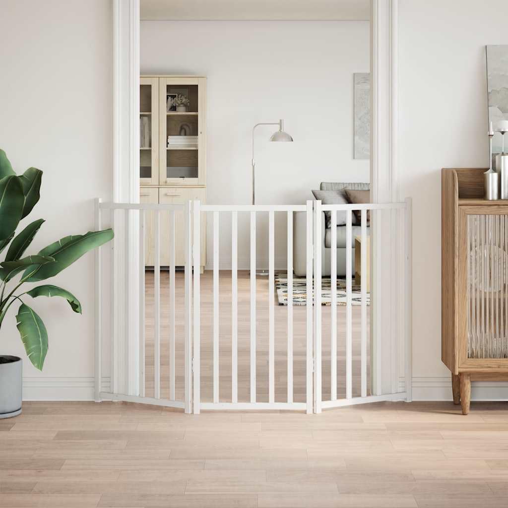 Hundegitter Freistehend Weiß - 3-TLG. Hundetor Faltbar aus Tannenholz, 150x90 cm Absperrgitter ohne Bohren für Hunde, Treppenschutzgitter für Wohnzimmer & Küche