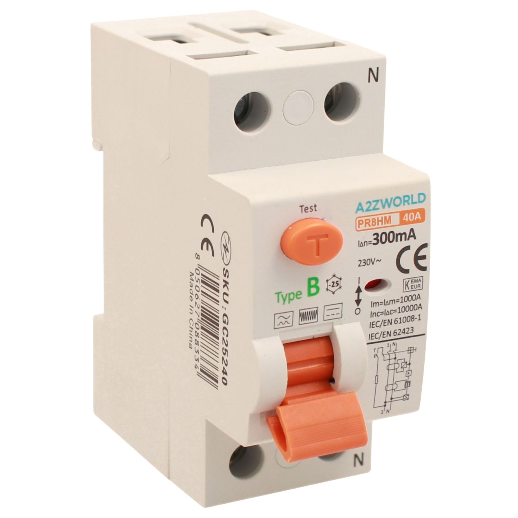 Interrupteur différentiel pur type B 300 mA, disjoncteur différentiel type B 40 A, RCCB 1P+N 10 kA 220 V, 2 modules DIN, série PR8HM électromagnétique, certifié IEC61008-1
