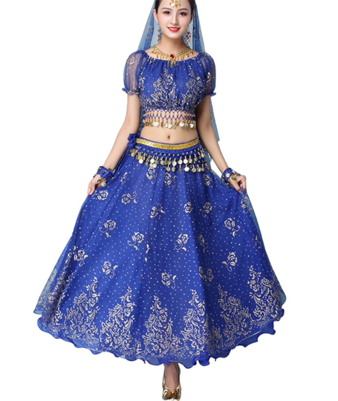 Women's Arabian Princess Costumes Belly Dance Dress Indian Dance Bollywood Jasmine Cosplay Party Fancy Outfit,Royal Blue,XL