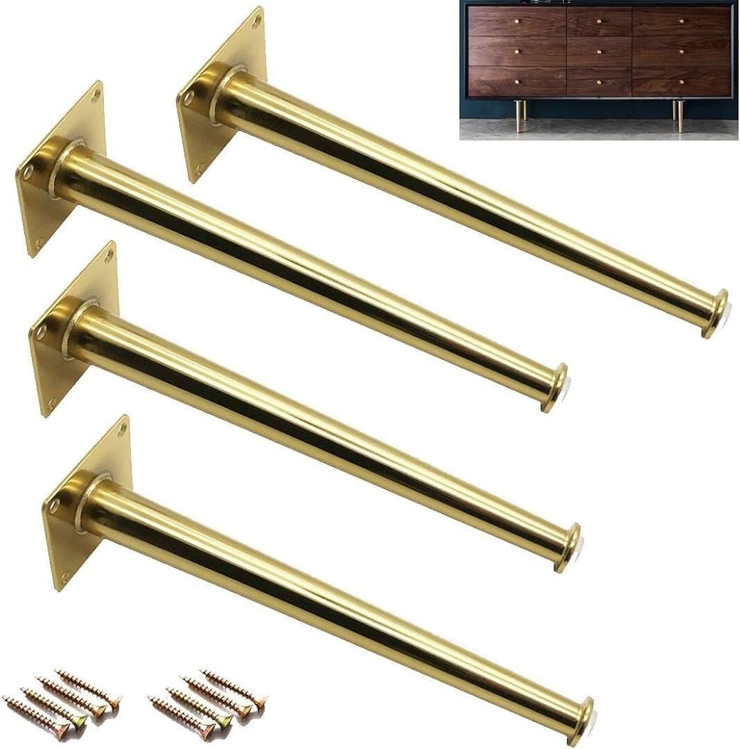 KFGISD, Gold Metal Furniture Feet Set of 4 Tapered Sofa Table Legs with Clear Base Furniture Hardware ，Metal Furniture Legs(Straight,12cm)