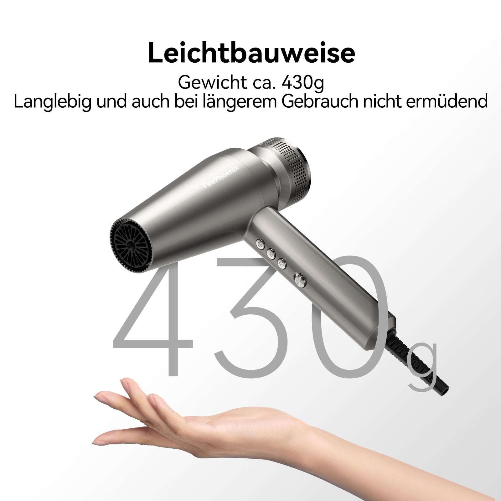 FirePhoenix M2 Profi-Haartrockner, 110.000 U/min, Ionen, 3 Stufen, leise | 110.000 U/min Schnell-Trocknung. Ionen Technologie. 3 Temp.-/Geschwindigkeitsstufen. Diffusor + 2 Magnetdüsen. Leise.