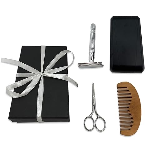 BEECO GIF2U Maquinilla de afeitar de seguridad de doble filo por mango de metal para hombres, juego de regalo de afeitado, resistente, reduce las