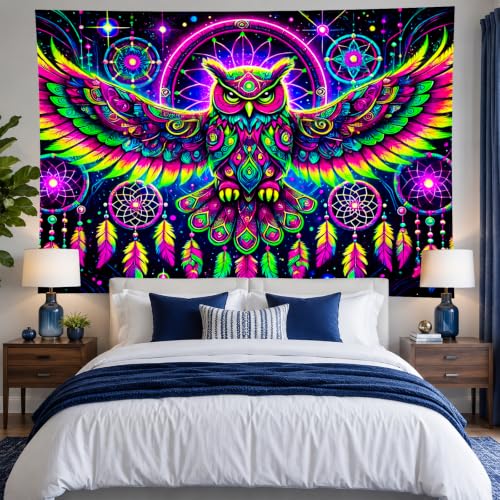 Image of BlissYard Owl Dreamcatcher Blacklight Tapestry Wall Art 78x59 Inch Neon Psychedelic Glow in Dark Backdrop Blacklight Tapestry Trippy Cosmic Bird Feather Scene for Bedroom Dorm Party Room Decorate