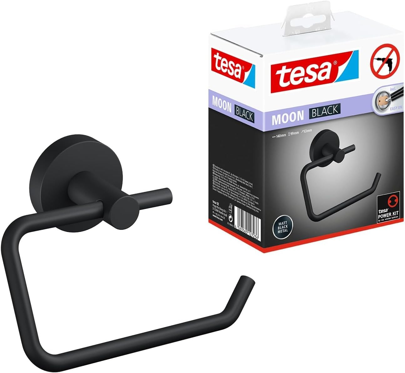 tesa Moon Black Set: Portarrollos de Papel higiénico - portarrollos sin Tapa para Cuartos de baño y WC - Set con portarrollos y escobilla de WC, Negro Mate - sin taladrar, Incl. solución Adhesiva