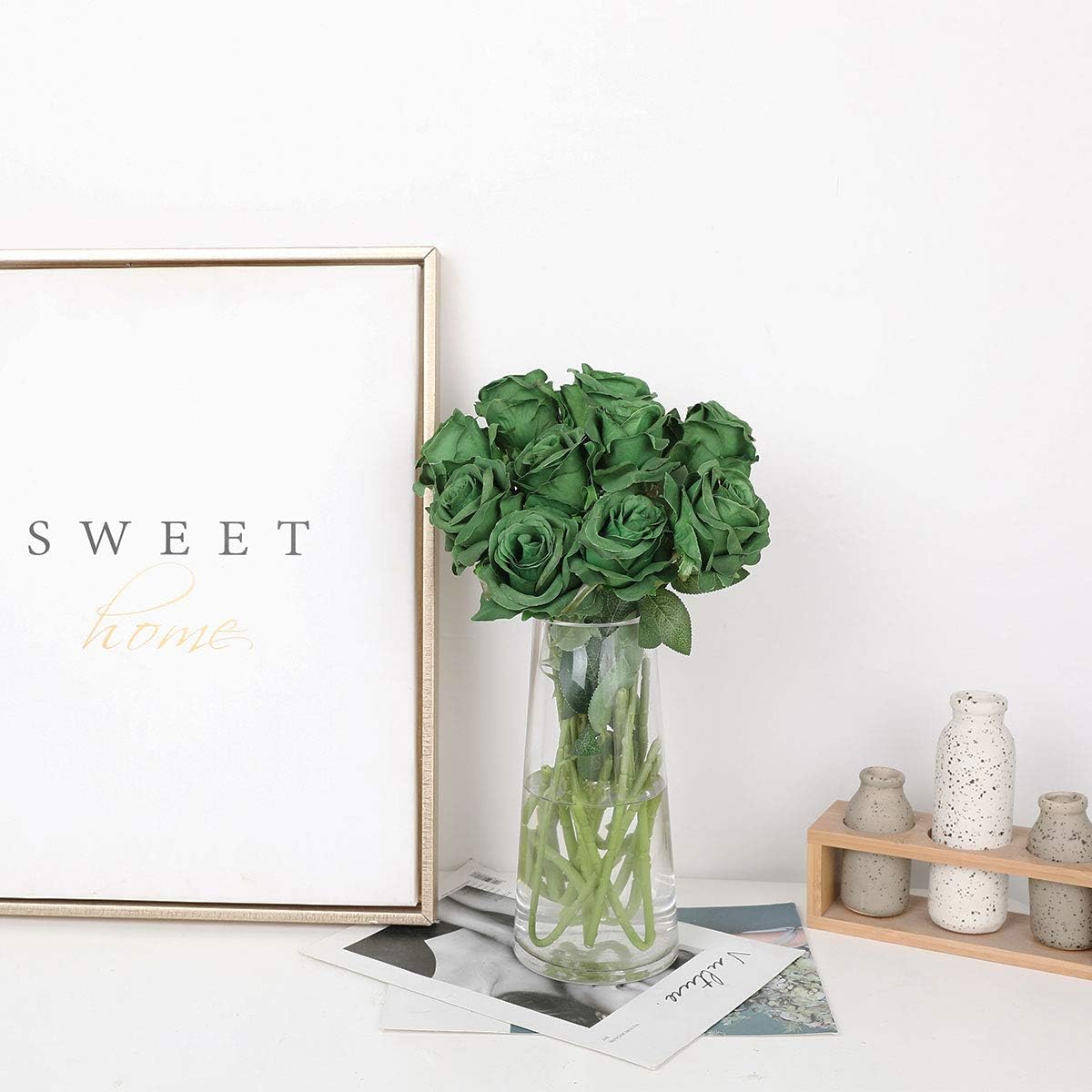 Nubry Artificial Silk Rose Flower Bouquet Lifelike Fake Rose for Wedding Home Party Decoration Event Gift 10pcs (Dark Green) - Image 7