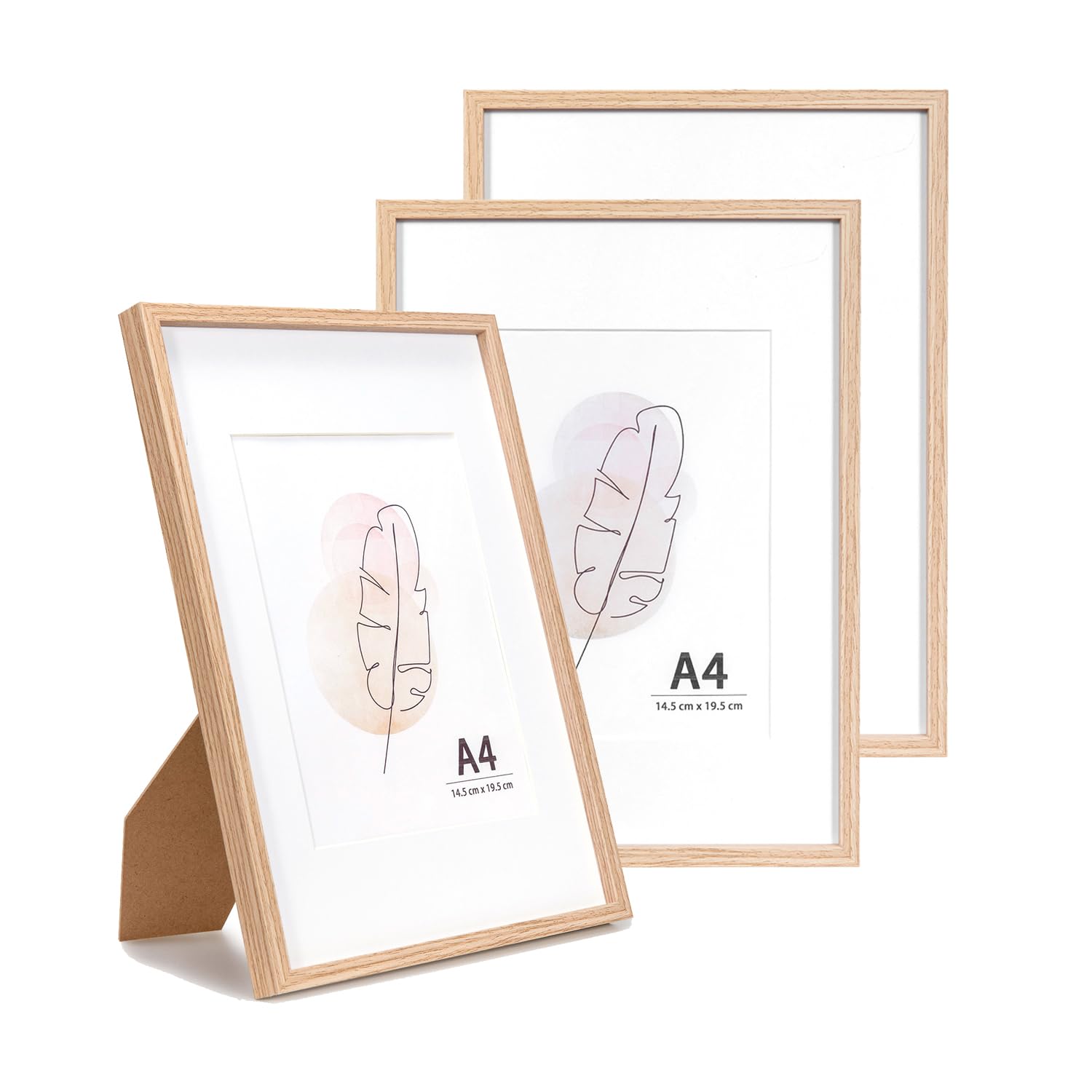 KAIWIN A4 Picture Frame Oak Set of 3, Wooden Poster Frame suitable for 6x8 with mat, 21x29.7 cm Picture Frames for Tabletop and Wall Mounting Display for Home, Office,Gallery,Holiday