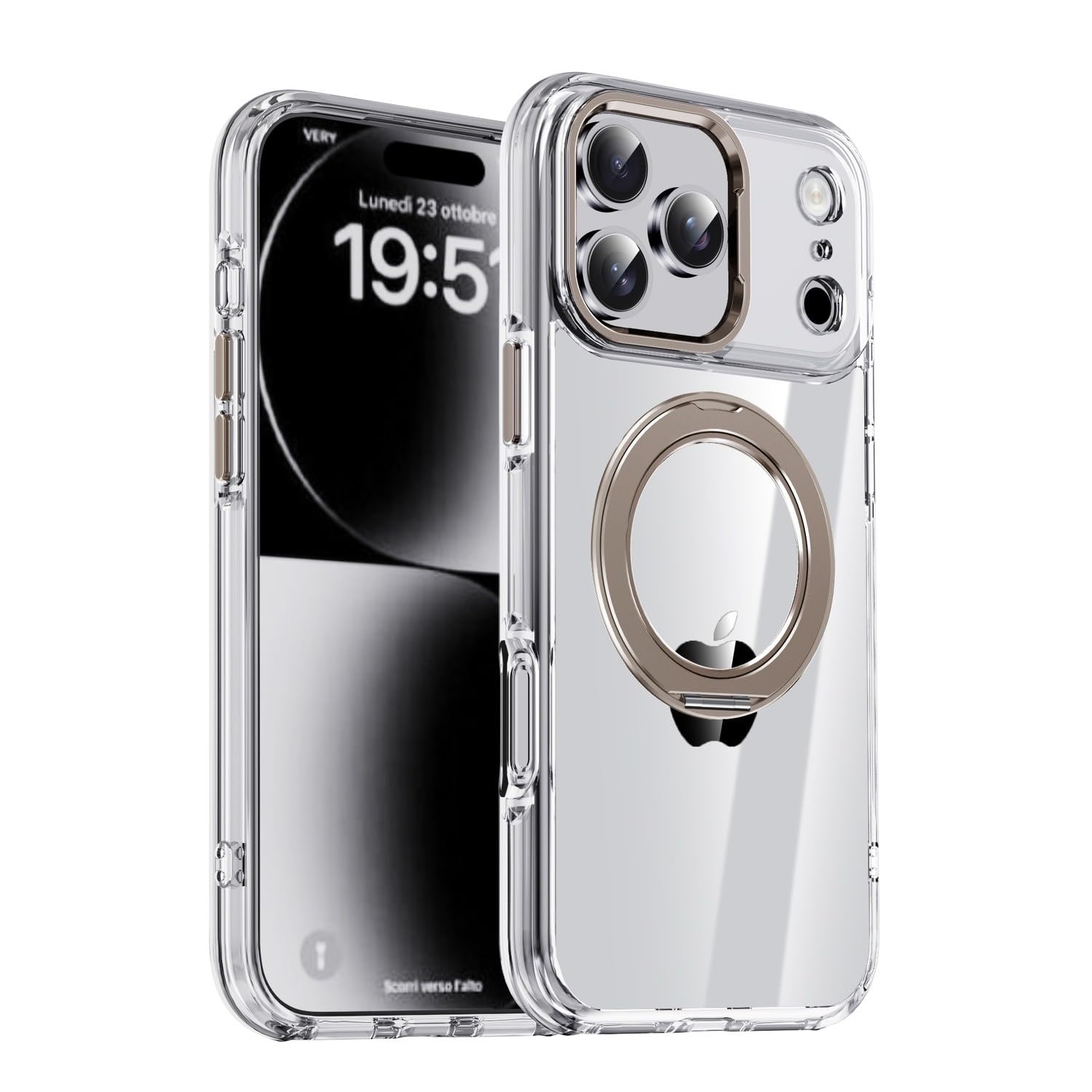 Coque iPhone 16 béquille antichoc transparente rigide silicone couleur titane or