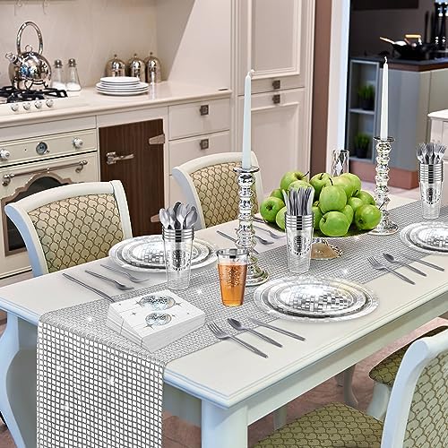 durony 351 Pieces 70s 80s Disco Party Supplies Silver Disco Ball Paper Plates Cups Disco Cocktail Napkins Plastic Cutlery Disco Party Table Runner for Disco Bachelorette Party Decorations(Serves 50) 8 61qe4hW4d8L. AC