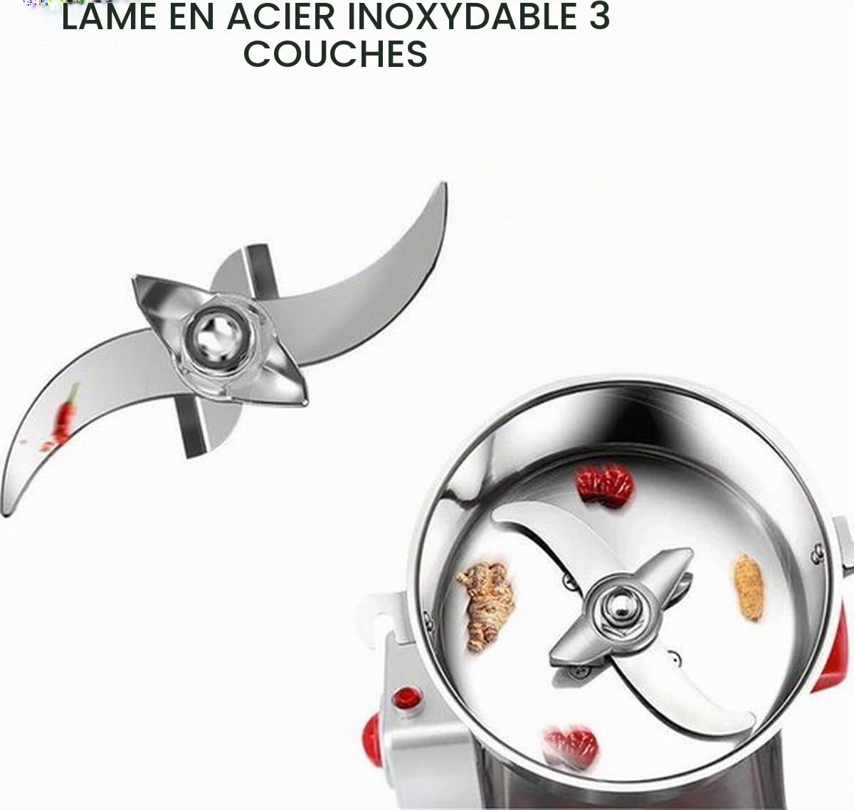 Royal Swiss® Moulin Électrique 1800W – Broyeur à Grains & Épices 350g en Inox | Moulin à Céréales, Café, Farine, Herbes | Haute Vitesse, Lames 3 Couches, Sécurité Anti-Surcharge (350g)