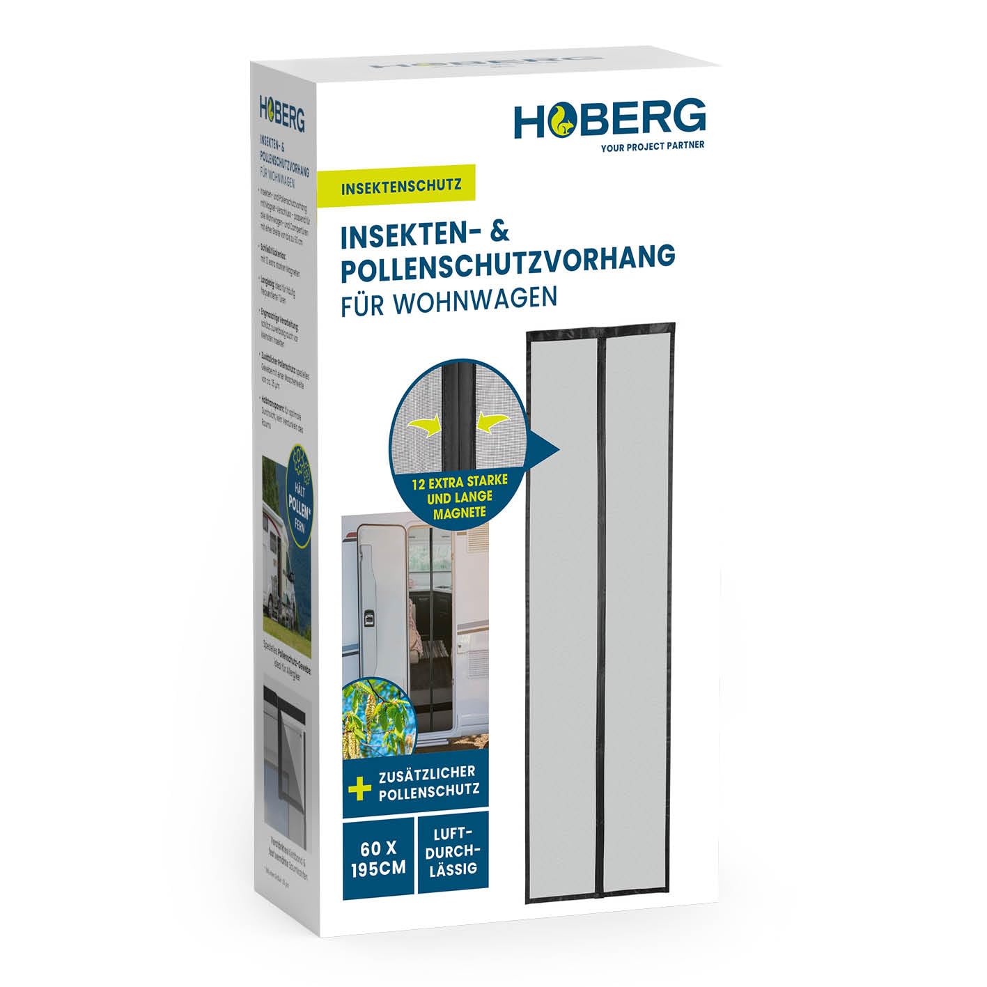 HOBERG Insect & Pollen Protection Curtain for Caravans, Fly Screen Door with XXL Magnetic Tapes, Insect Protection for Camping Caravans, Pollen Protection Grille 60 x 195 cm, Self-Closing