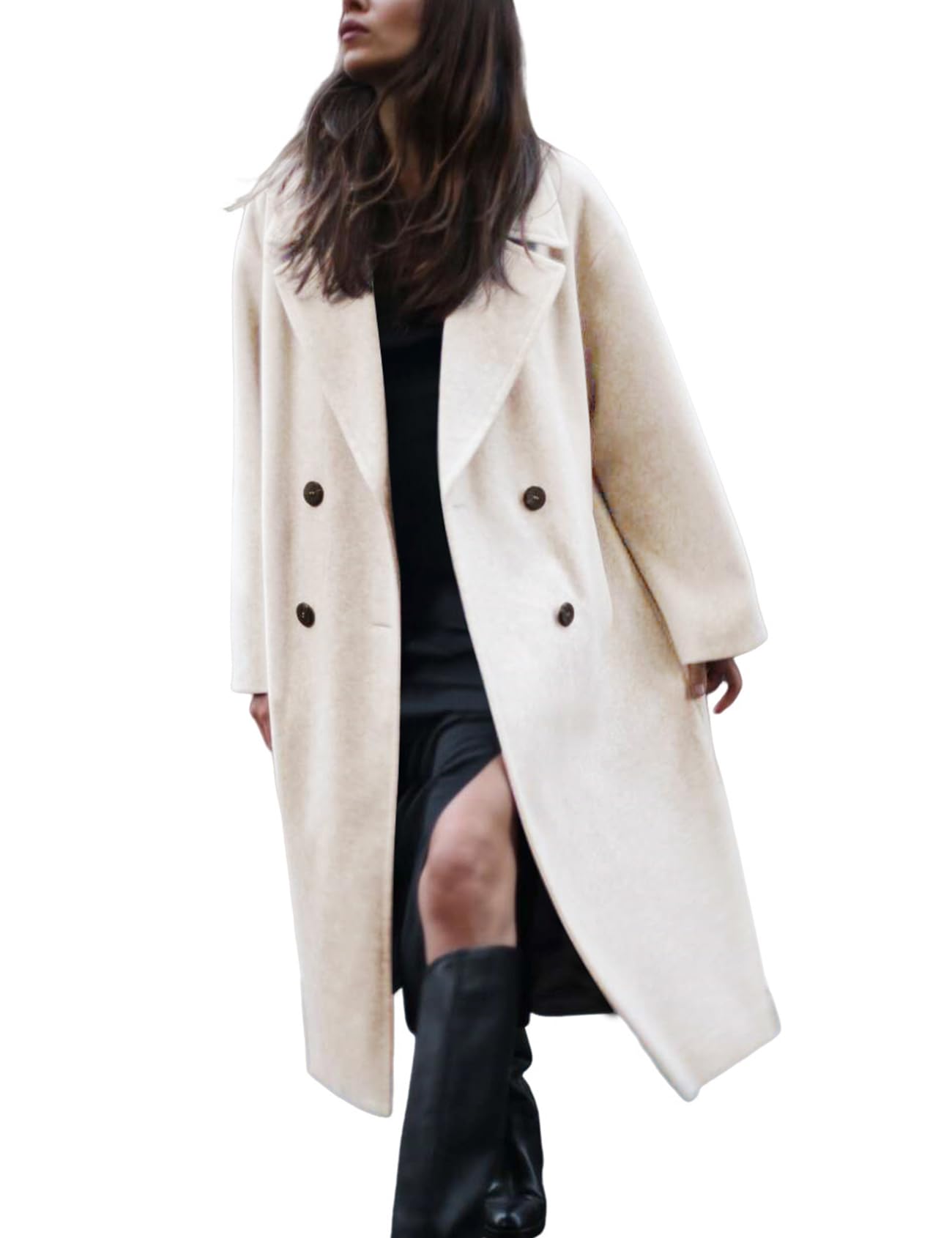 Gihuo Womens Notched Collar Wool Blend Pea Coat Winter Double Breasted Trench Coat Long Oversized Button Down Overcoats