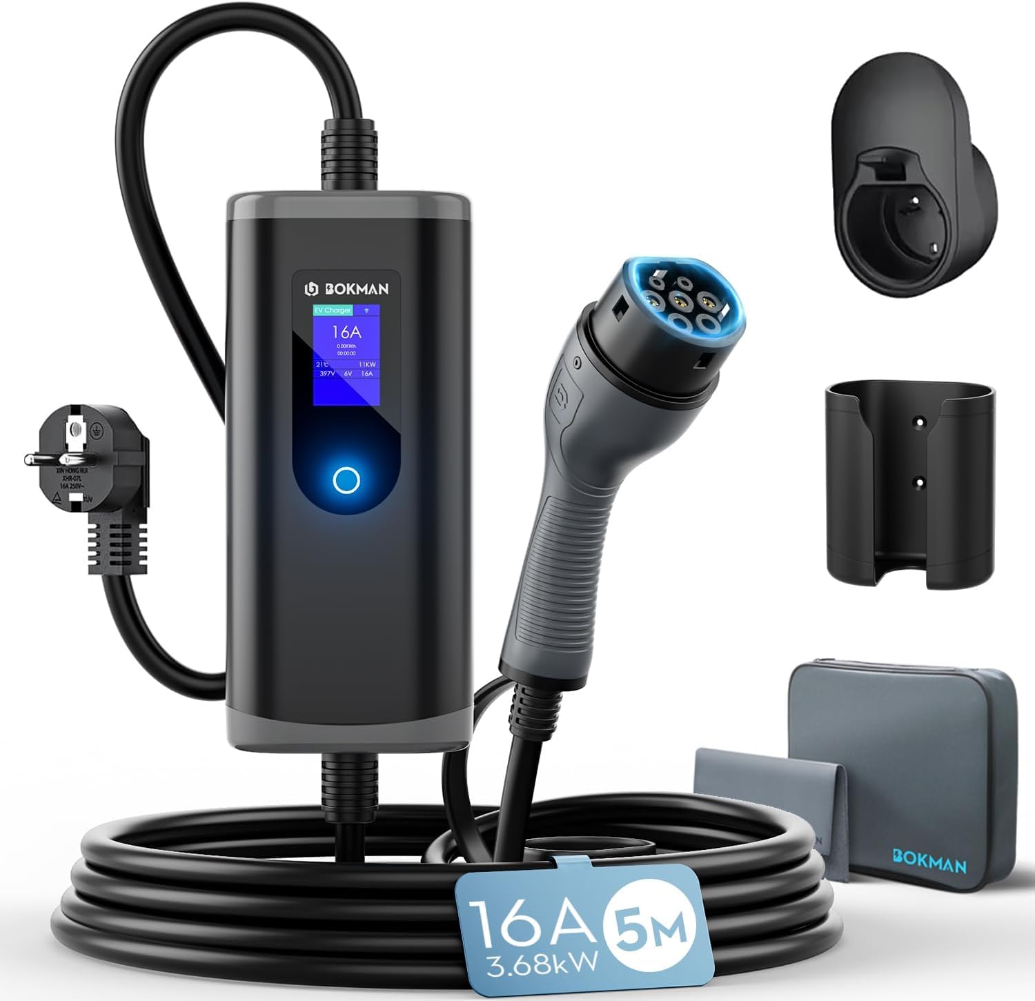 bokman Ładowarka EV [16A, 3.68kW, 5metrów] z regulowanym prądem i wyświetlaczem