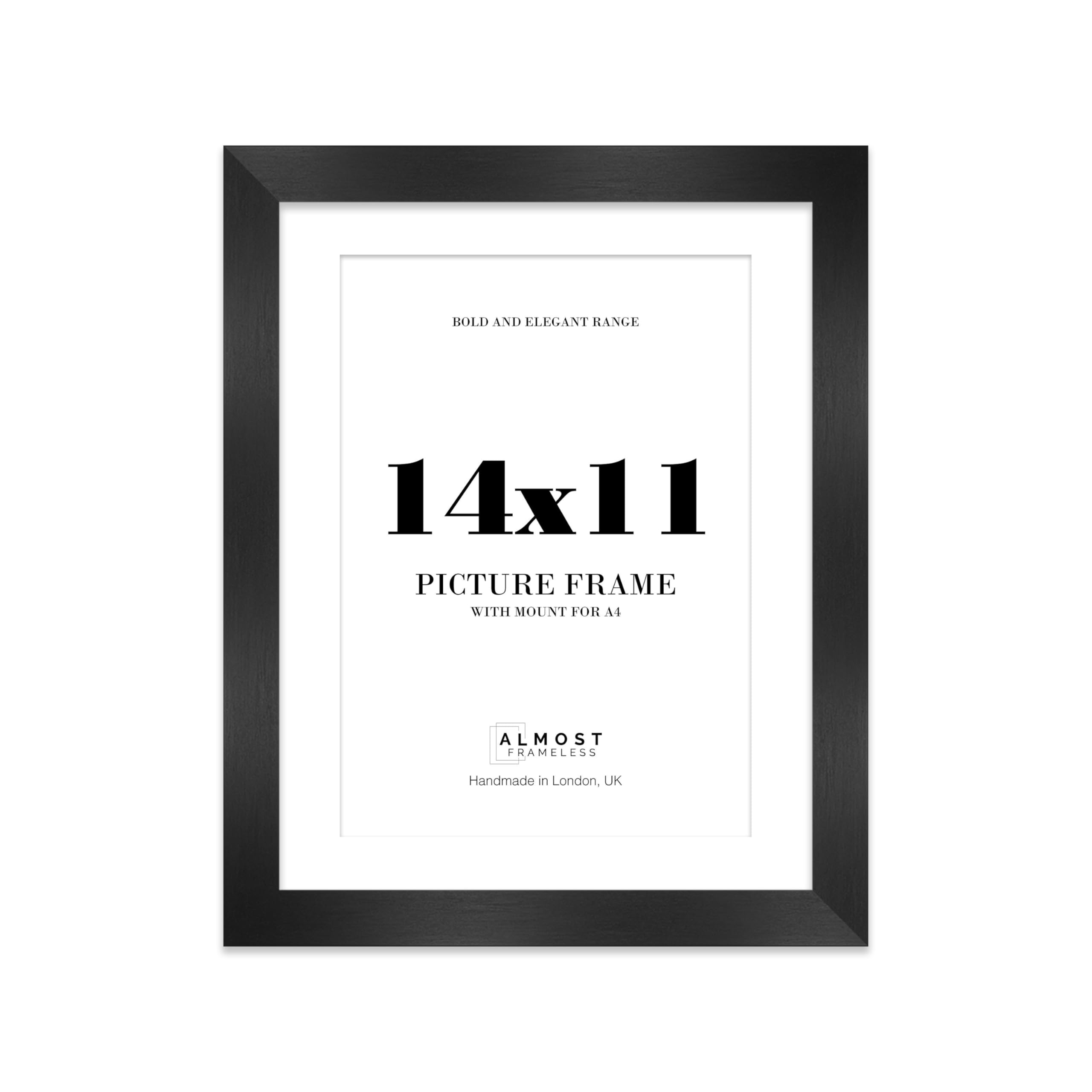 14x11 Black Frame With Mount for A4 Pictures 28mm Edge Portrait and Landscape Display with Wall Hooks and Kickstand, 1 Pack