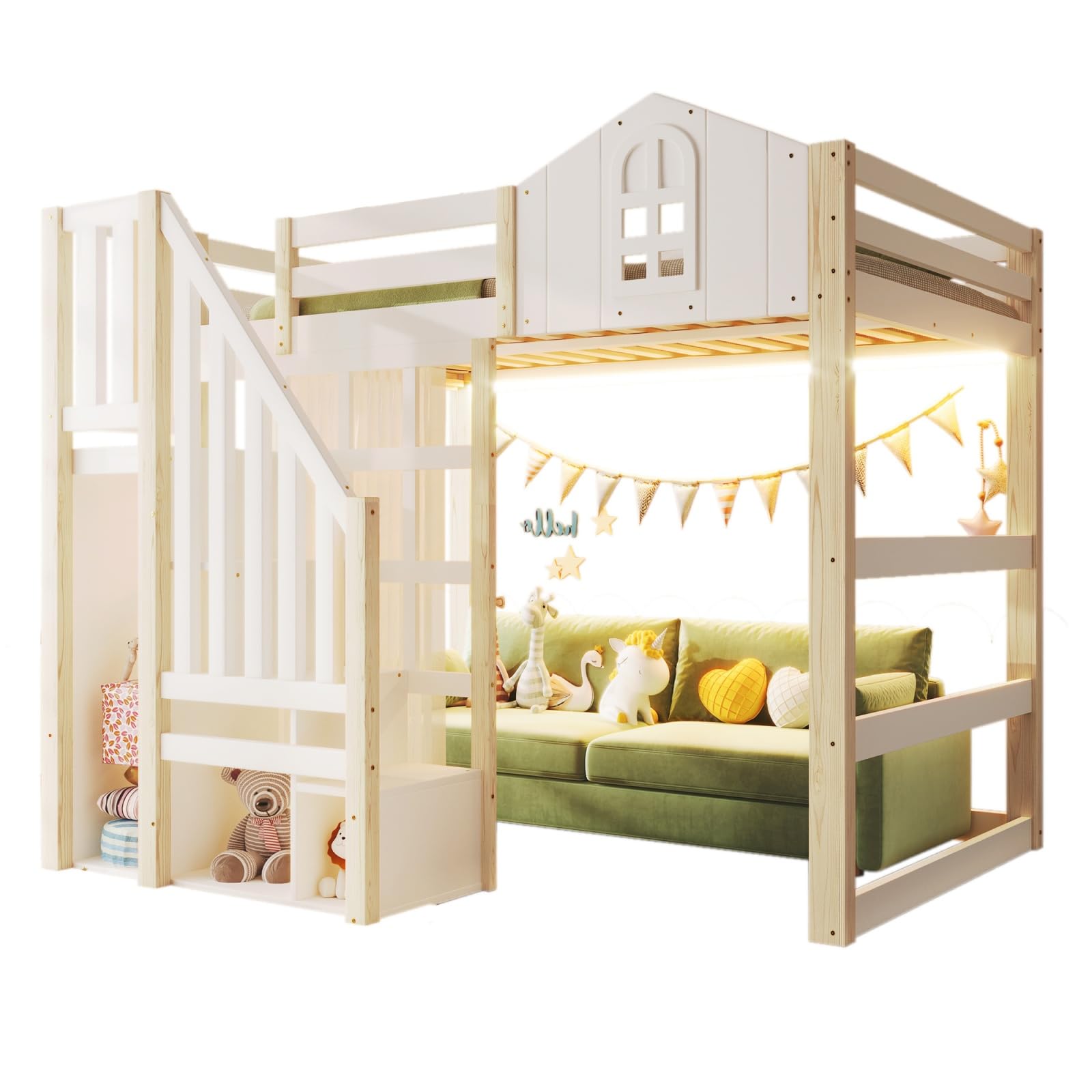 Lit Mezzanine, Cadre de lit pour Adolescent avec éclairage LED, Design de Style fenêtre, échelle de Rangement, Compartiments de Rangement Ouverts, Matelas Non Inclus (140x200cm)