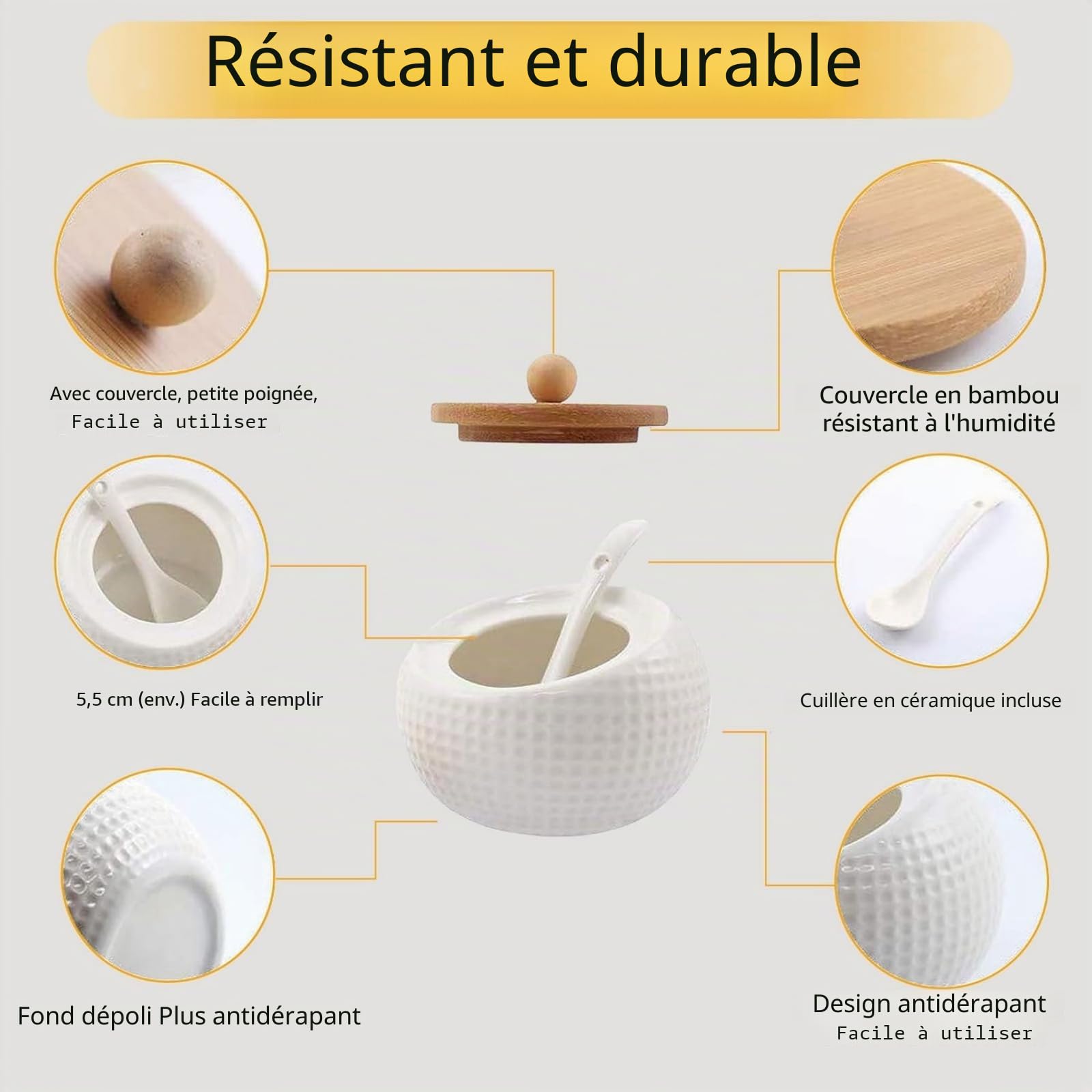 Lot de 3 bocaux à épices en céramique avec couvercle en bambou, cuillère et plateau, 170 ml/6,4 oZ, boîtes à épices pour conserver le sucre, le sel, les épices, le café
