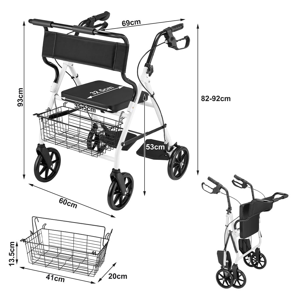 BAKAJI Deambulatore Rollator con Sedile, Ausilio Camminata per Anziani con Ruote e Freni, Disabili e Persone con Mobilità Ridotta, Struttura Ultraleggera e Pieghevole con Altezza Regolabile
