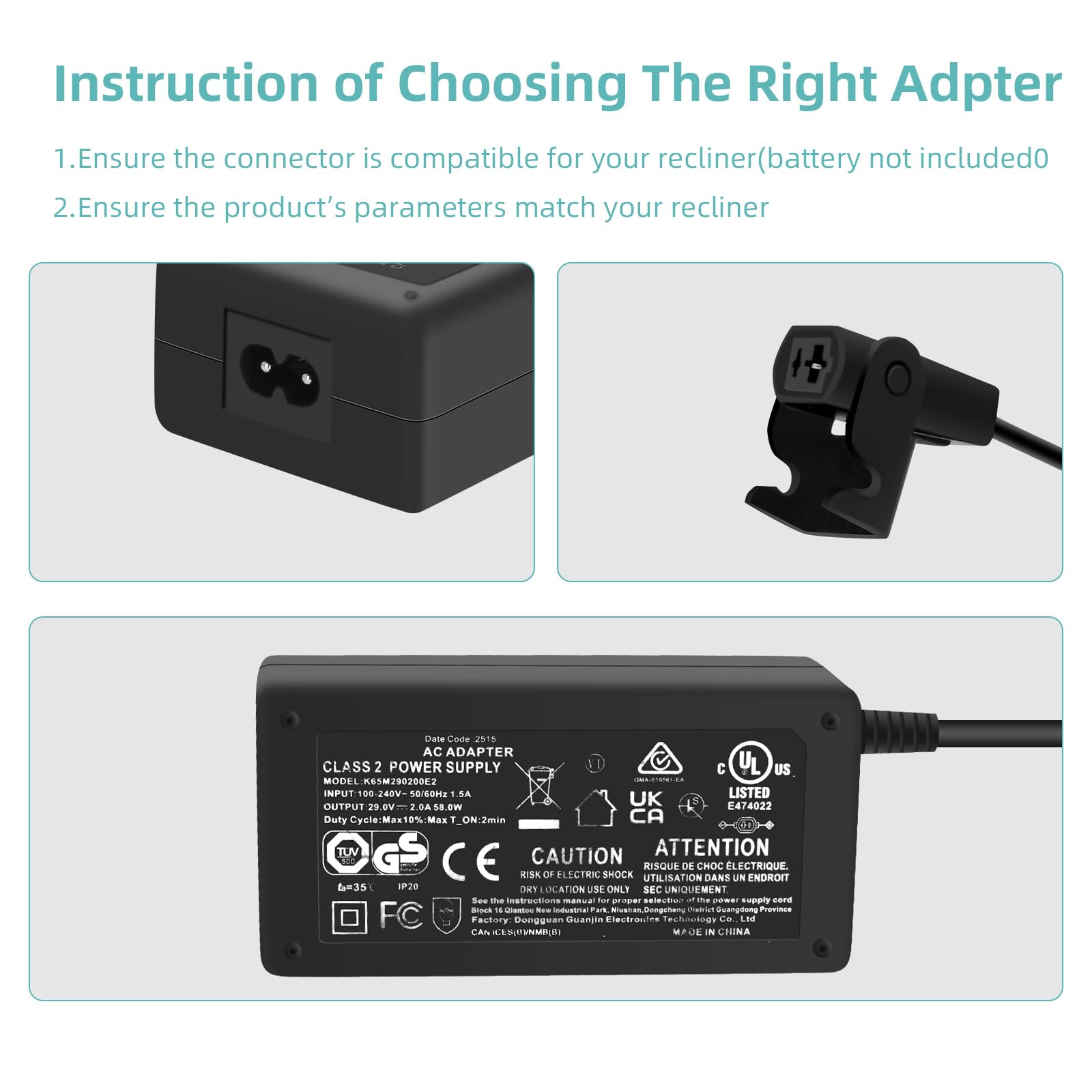 Fuente de alimentación de cable de 6.5 pies para sillón reclinable eléctrico, adaptador universal de 2 pines CA/CC de 29 V 2 A, pieza de repuesto para sofá reclinable, sofá eléctrico, silla elevadora