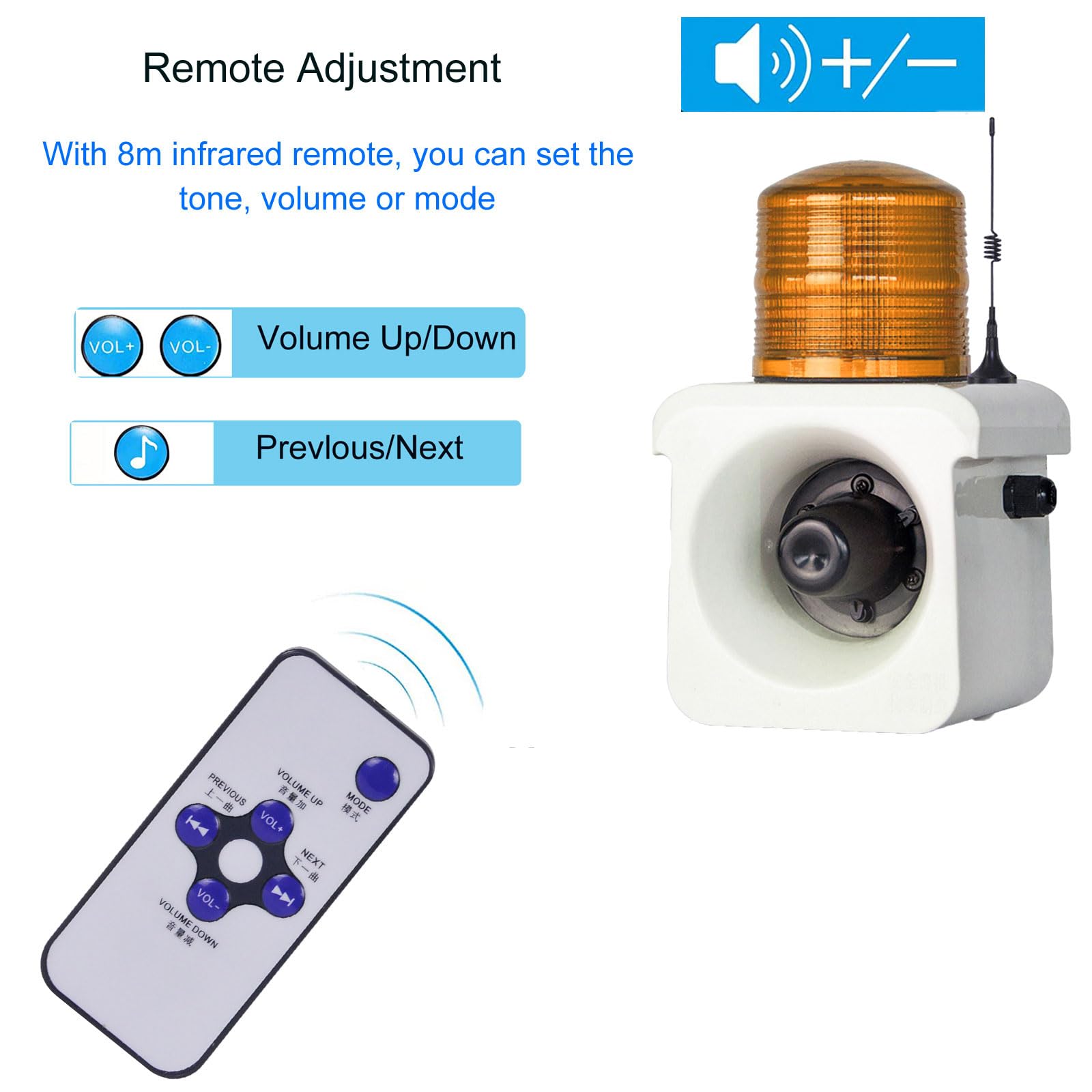 Y DIANS S 1.24mile Remote Control Alarm Siren 120dB Loud Horn Alarm Siren with Amber Strobe Light Adjustable Sound and Tone Security Sirens for Home, Warehouse, Factories DC24V