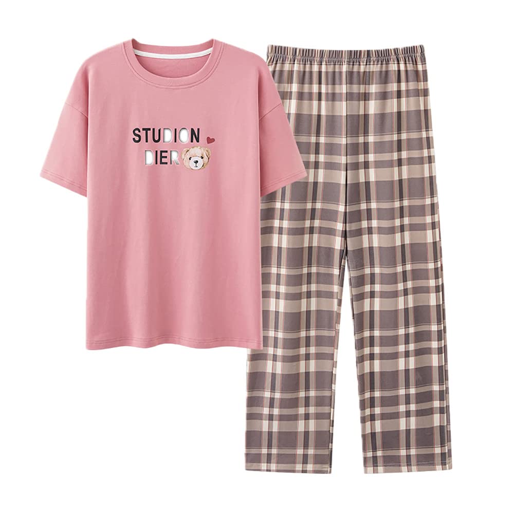 Women's Pajamas, Short Sleeve, Top and Bottom Set, 100% Cotton, Loose Fit, Room Wear, Loungewear, L XL, 2XL