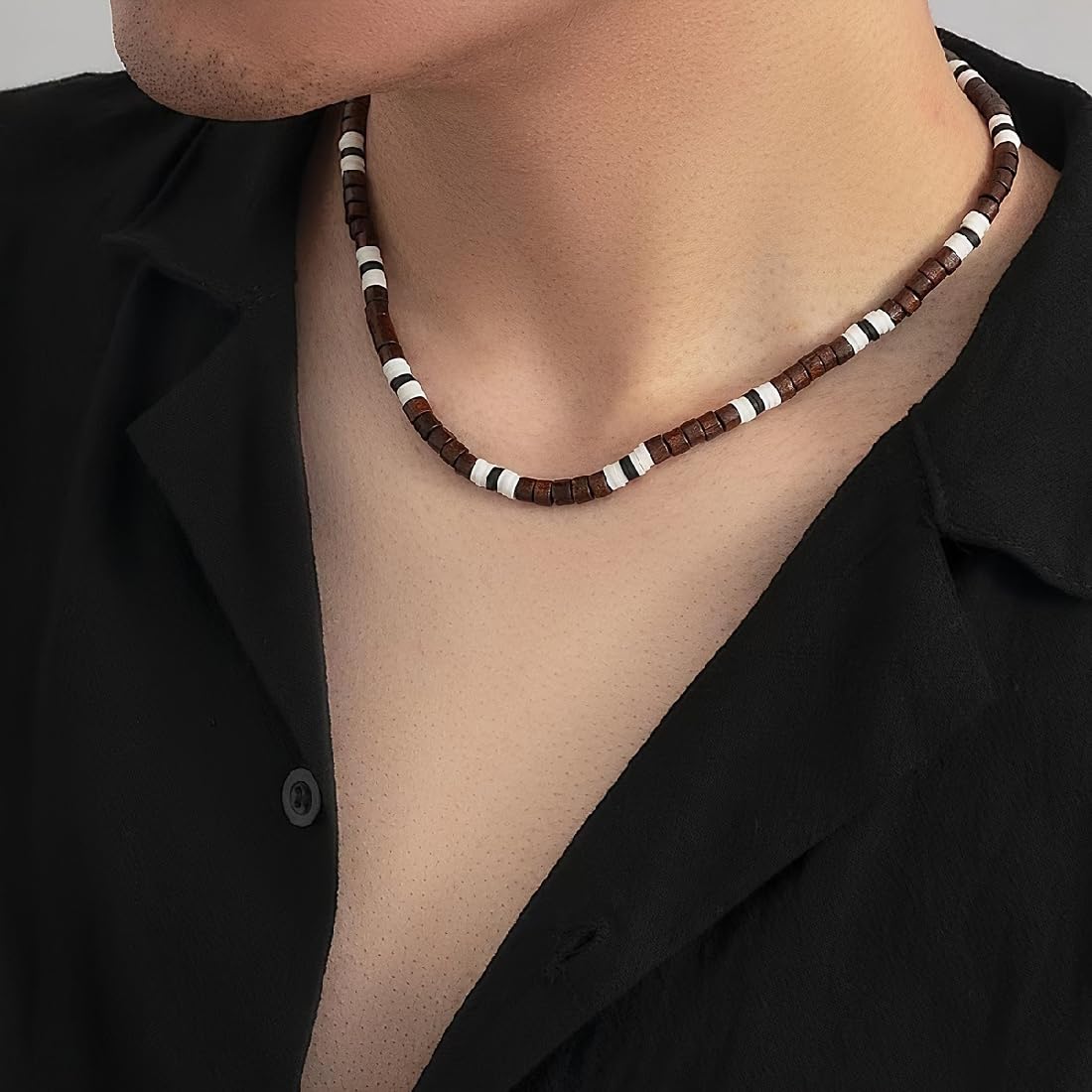 Collana Da Uomo Artigianale In Perle Di Legno E Ceramica – Stile Surfista, Lunghezza Regolabile 40+7 Cm, Resistente All'acqua, Fatta A Mano, Look Bohémien - 5