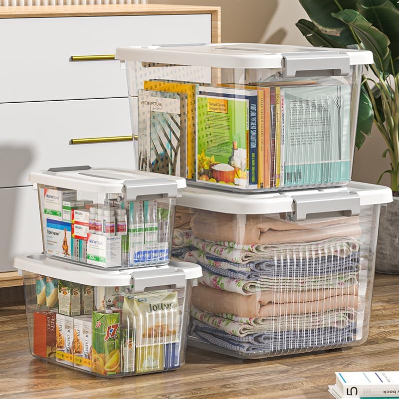 Image of Ash & Roh Plastic Storage Box /Bin /Container with Locking Lid - Sturdy and Versatile Home Organizer, Available in Multiple Size. (1, TRANSPARENT, COMBO SET)