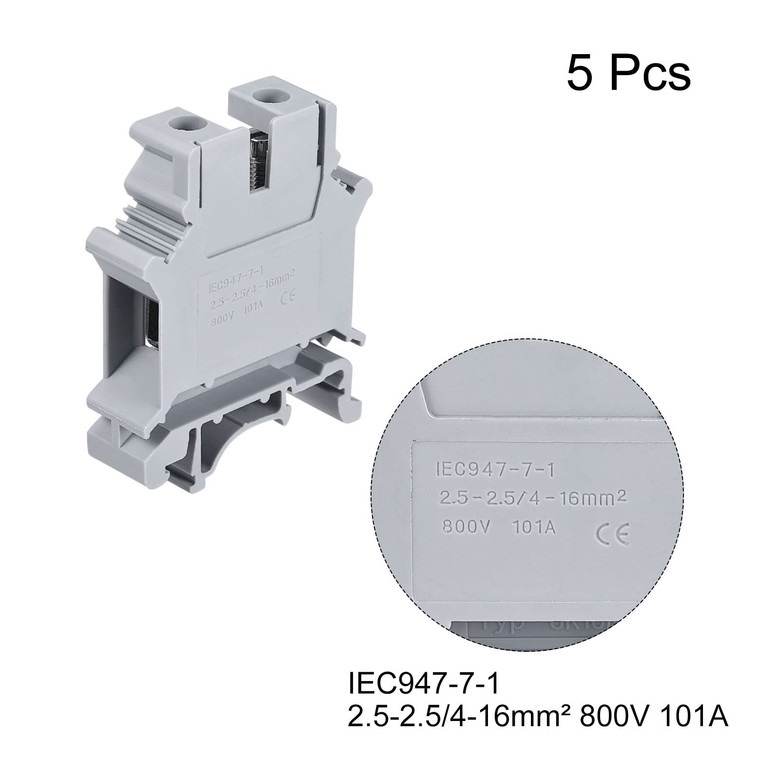 sourcing map DIN Riel Montaje Terminal Bloques Tornillo Tipo Abrazadera Gris UK16N Paquete de 5