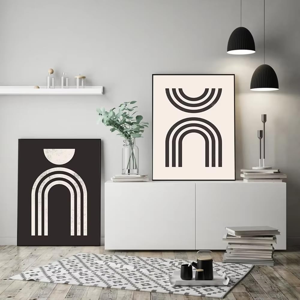 DFZEWKI Scandinavian Abstract Wall Art Geometric Beige and Black Arches Geometric Lines Poster Print for Living Room Decor(30x40cm(12x16in) x2/No frame)