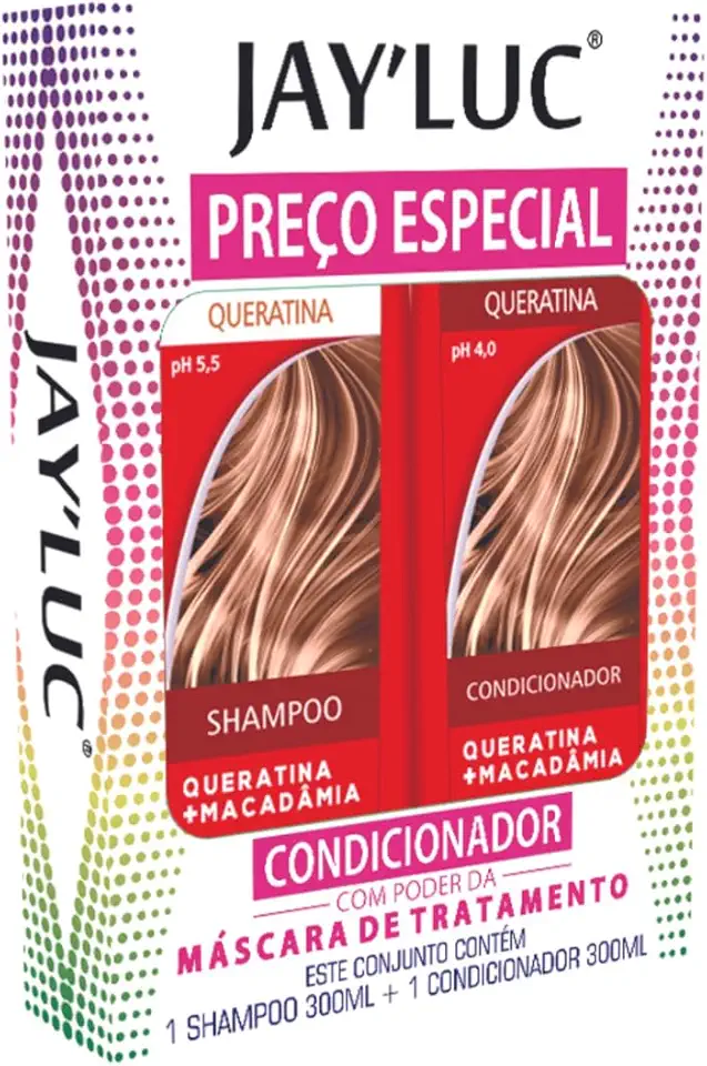 Kit Shampoo E Condicionador Queratina Jay Luc 300Ml, Combo Com Queratina E Macadâmia, Dourado, Para Cabelos Tingidos Ou Com Química, Reconstrução Intensiva, Contém 1 Shampoo E 1 Condicionador